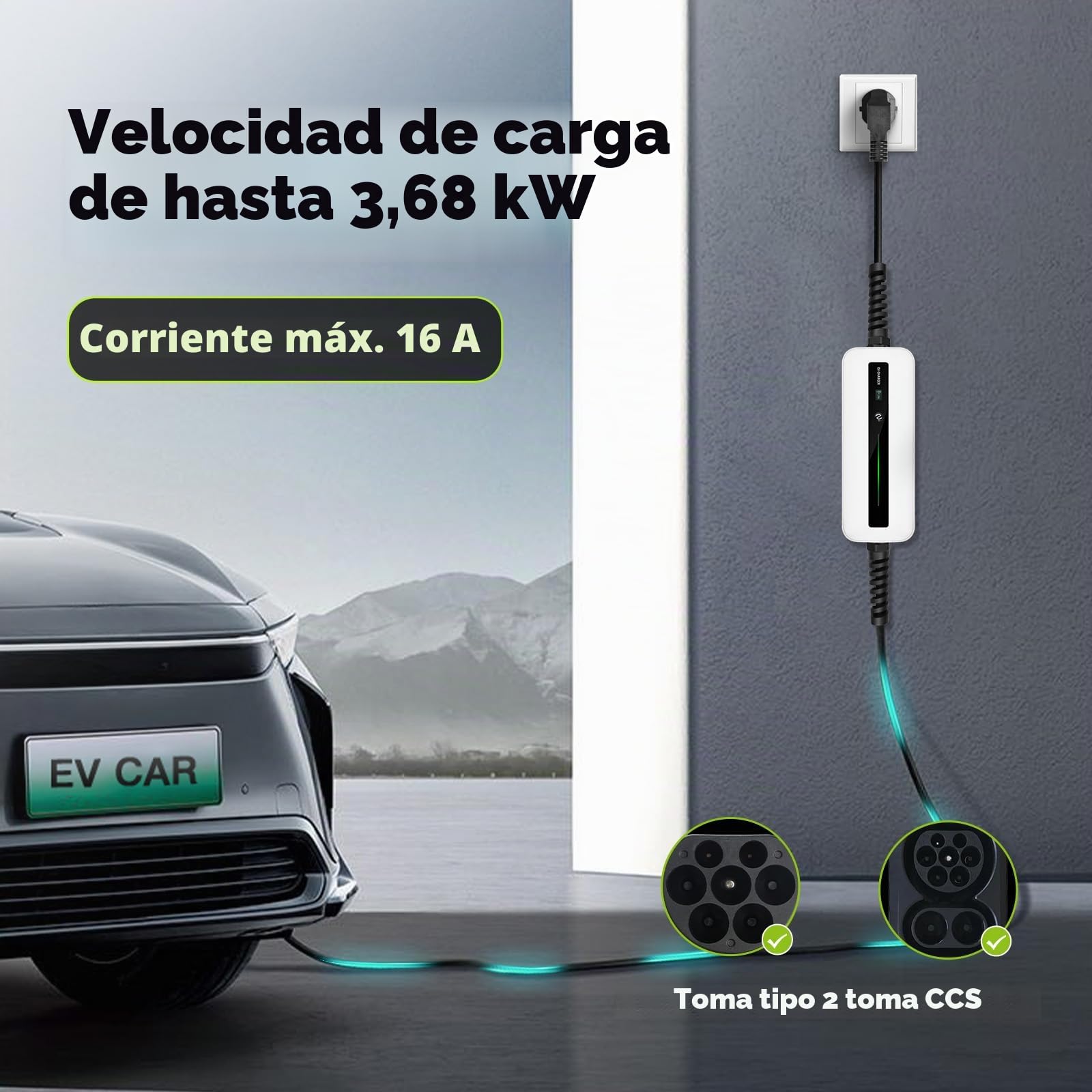 Morec Cargador ev 10/16A ev Cable de Carga Tipo 2 (estándar Europeo) Schuko 2 Pin conmutable Caja de Carga 2,2/3,6kw, 6m / 20ft