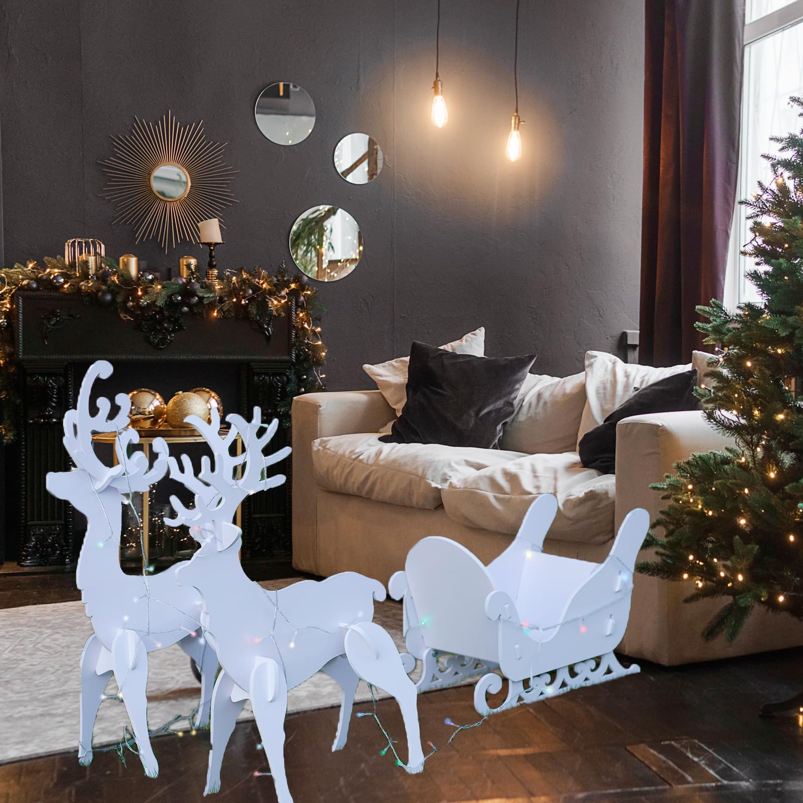 3-Pieces Outdoor Christmas Deer Set, 3D Reindeer Family Silhouette with LED Lamp String, Indoor Christmas Decorations for Living Room, Lawn, Garden Yard Holiday Decoration