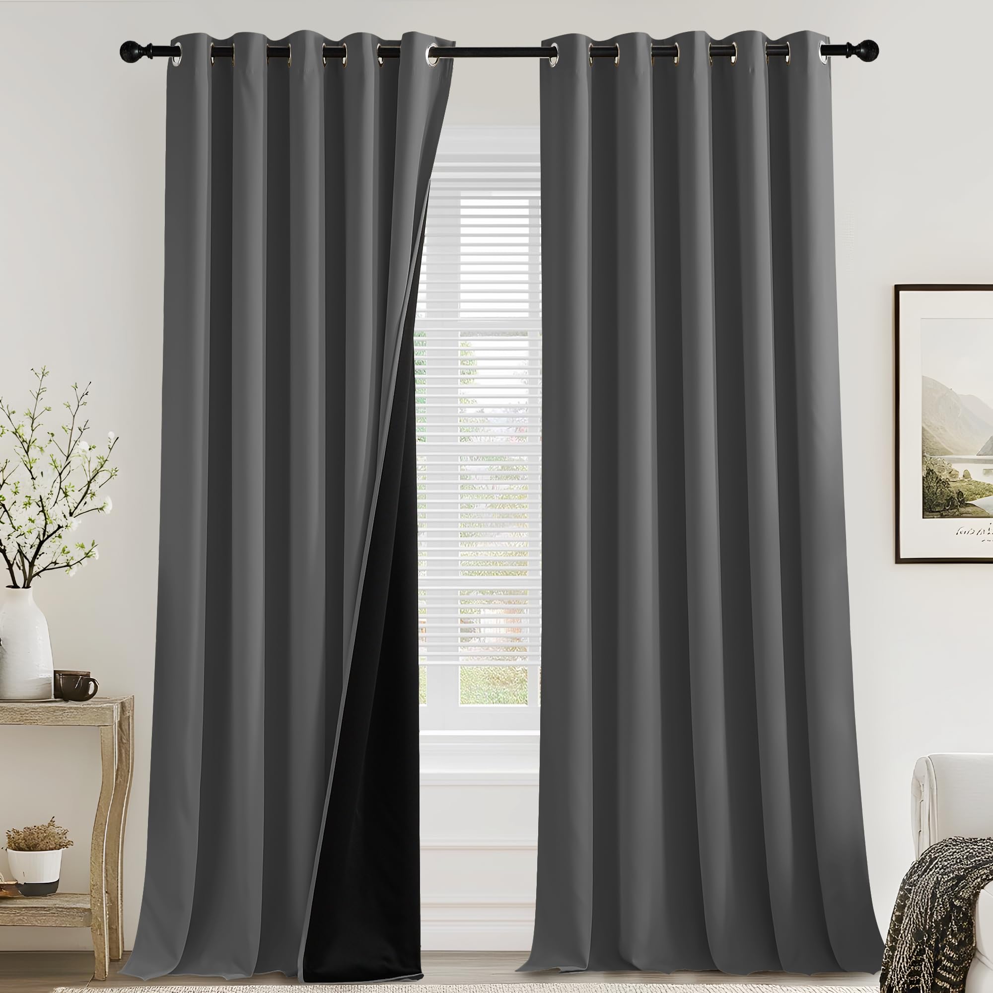 PONY DANCE 100% Blackout Curtains for Bedroom - Thermal Insulated Full Blackout Eyelet Curtains & Drapes Heat and Light Blocking Panels for Living Room with Black Liner 2 Pcs, 66 x 90 Inch, Grey