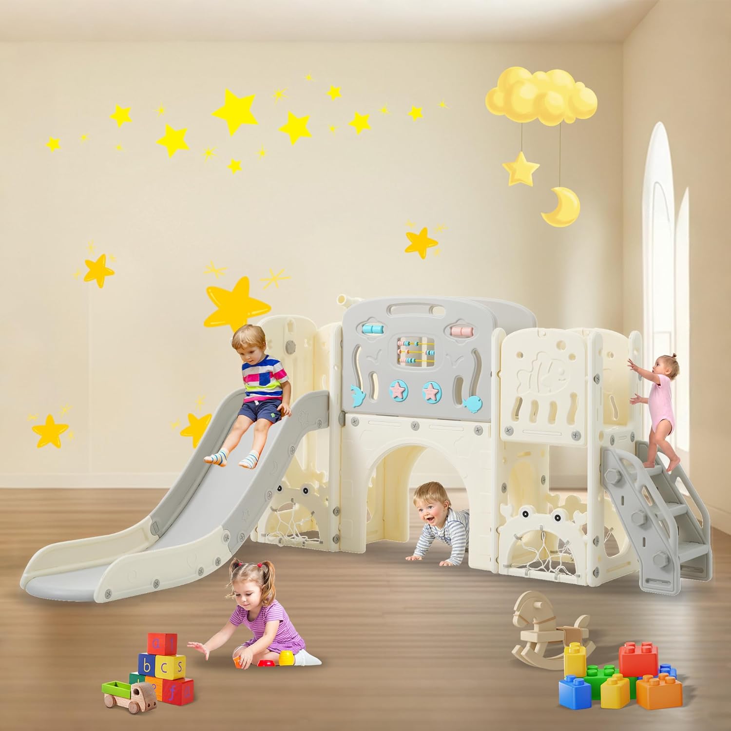 11in 1 Toddler Slide, Kid Slide for Toddlers Age 1-3 with Telescope, Basketball Hoop, and Telescope, Indoor Outdoor Playset Playground Grey Beige