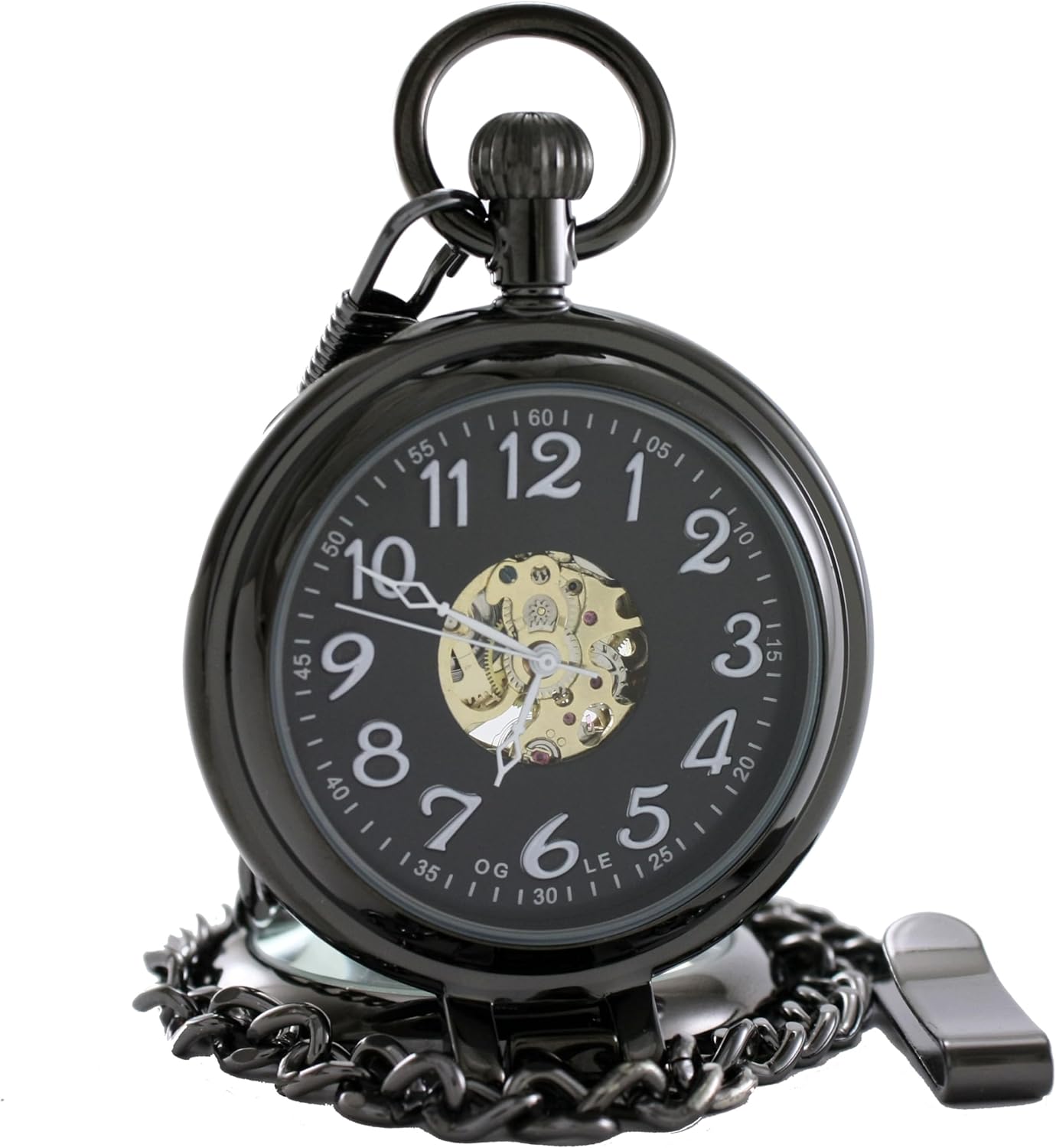 OGLE Waterproof Silver Magnifier Luminous Chain Fob Self Winding Automatic Skeleton Half Hunters Mechanical Pocket Watch