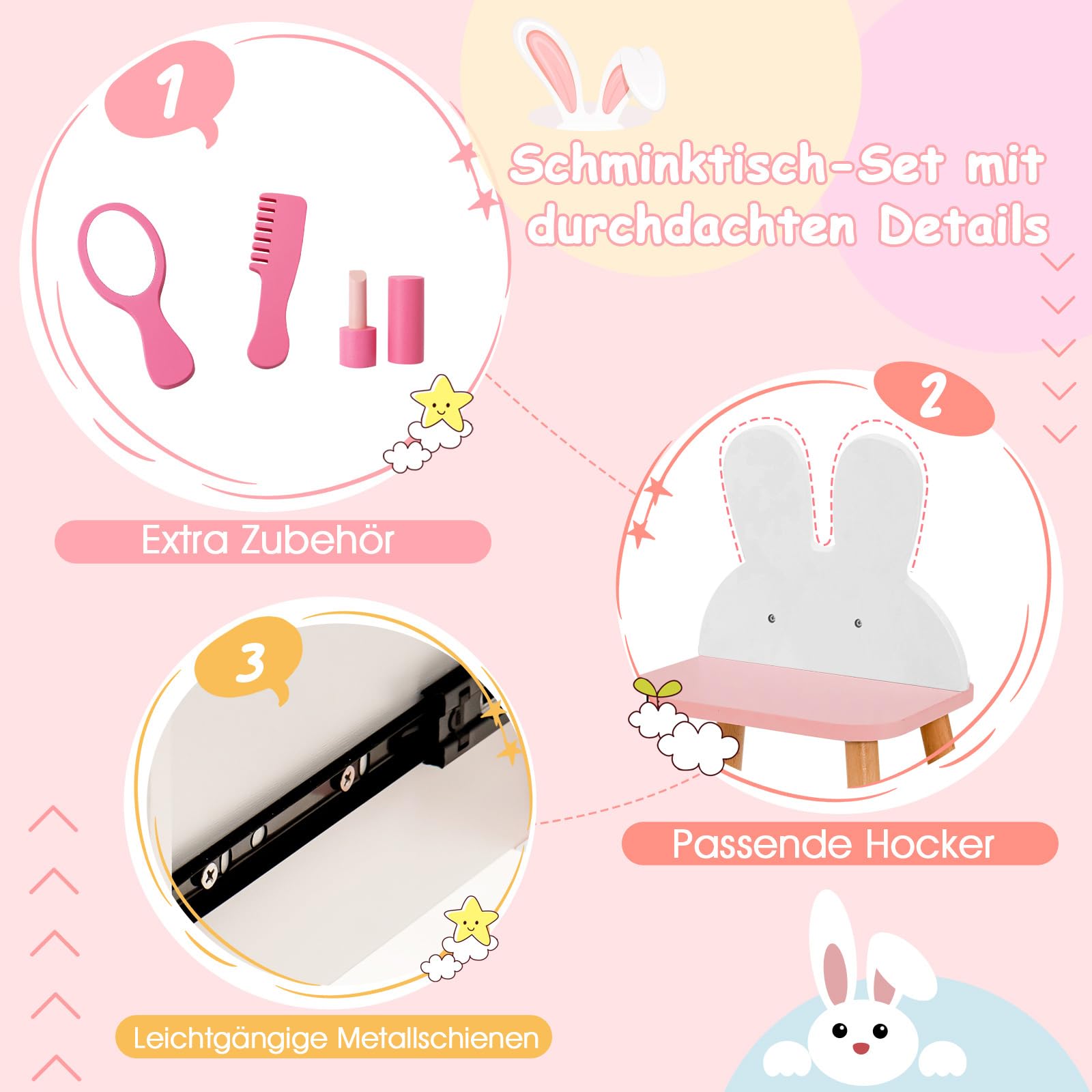 COSTWAY Kinder Schminktisch Set mit Kaninchen Design, 2-in-1-Frisiertisch mit Spiegel, 2 Schubladen & Ablage, Schminkset mit Massivholzbeinen für Mädchen (Weiß)