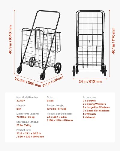 Miniatura 7 de VEVOR - Carrito de mercado plegable, diseño de doble cesta, ruedas omnidireccionales, carrito de transporte resistente, carga máxima de 110 libras