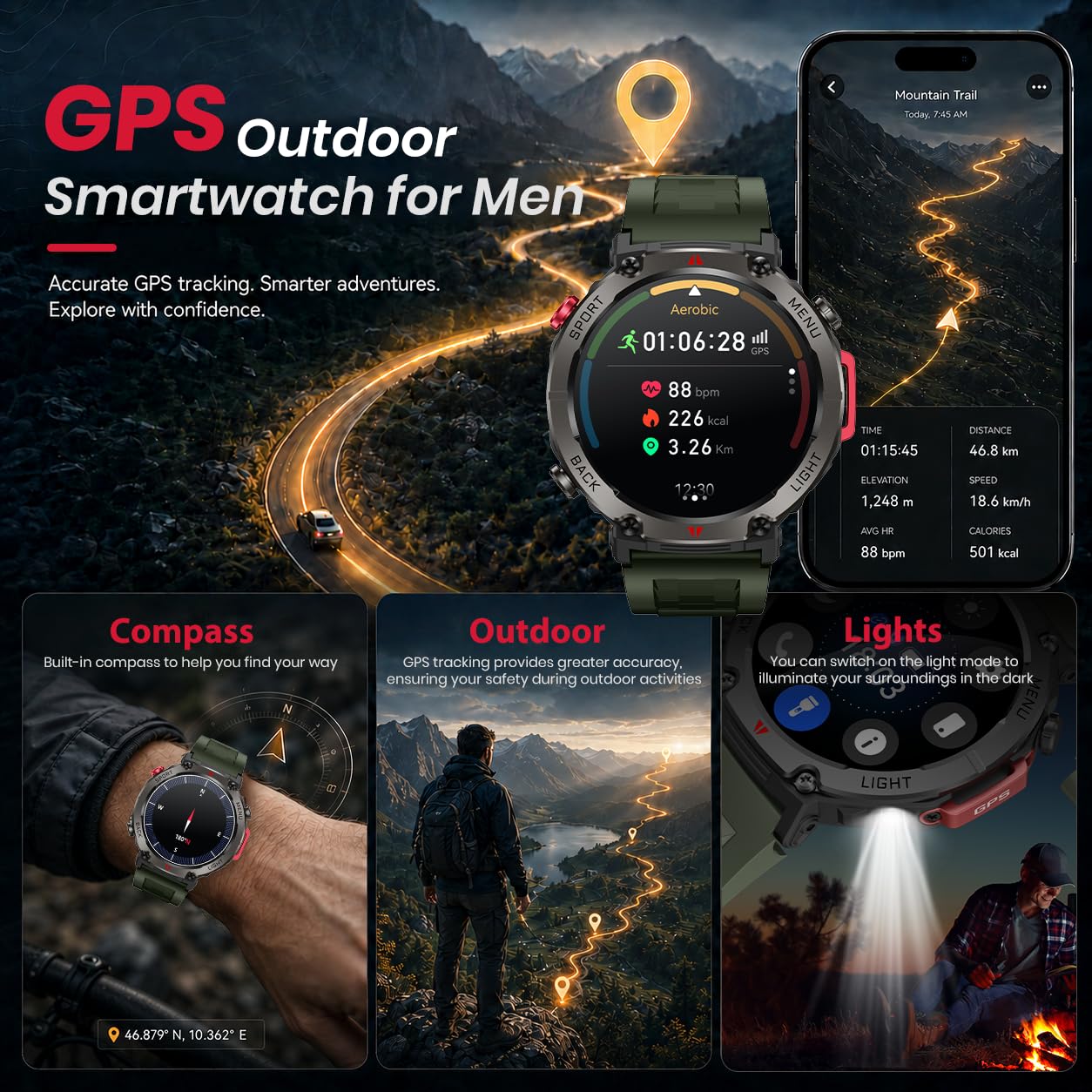 Orologio Smartwatch Uomo con GPS Sport: 1.46" Rotondo Orologi Intelligente con Chiamate Bluetooth Fitness Smart Watch LED Flashlight Monitoraggio Sonno IP68 Impermeabile Compatibile con iOS Android