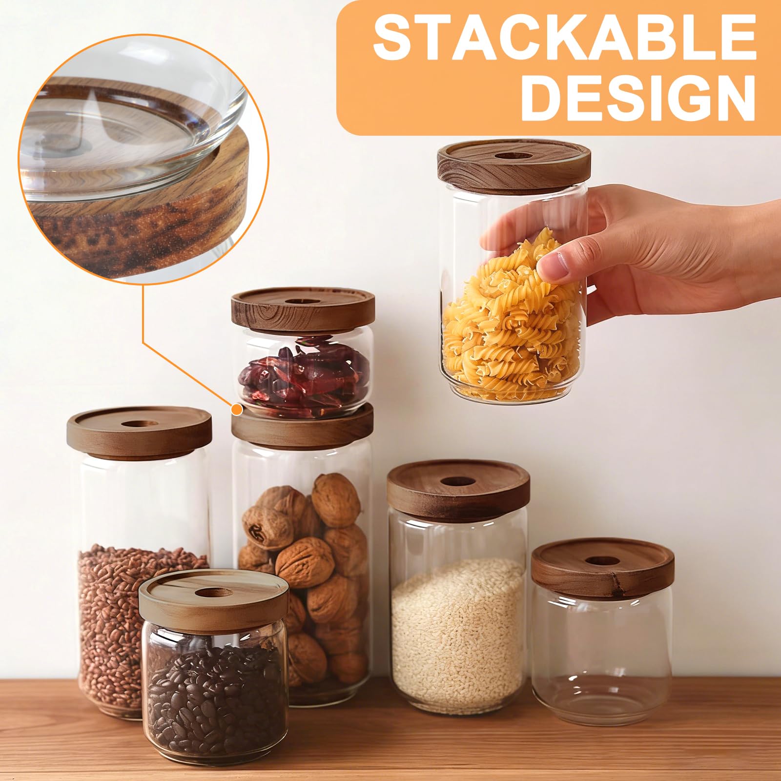 efuturetime 4 Barattoli in Vetro Ermetici con Coperchio in Legno 1000ml/750ml/500ml/350ml, Barattoli di Stoccaggio Impilabili Ermetici da Cucina per Spezie per Conservare Cereali, Zucchero, Caffè, Tè
