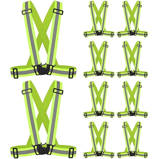 10 pack safety vests for motorcycle running 360° high vis reflective vests lightweight elastic adjustable reflective straps for man women night cycling walk, children green