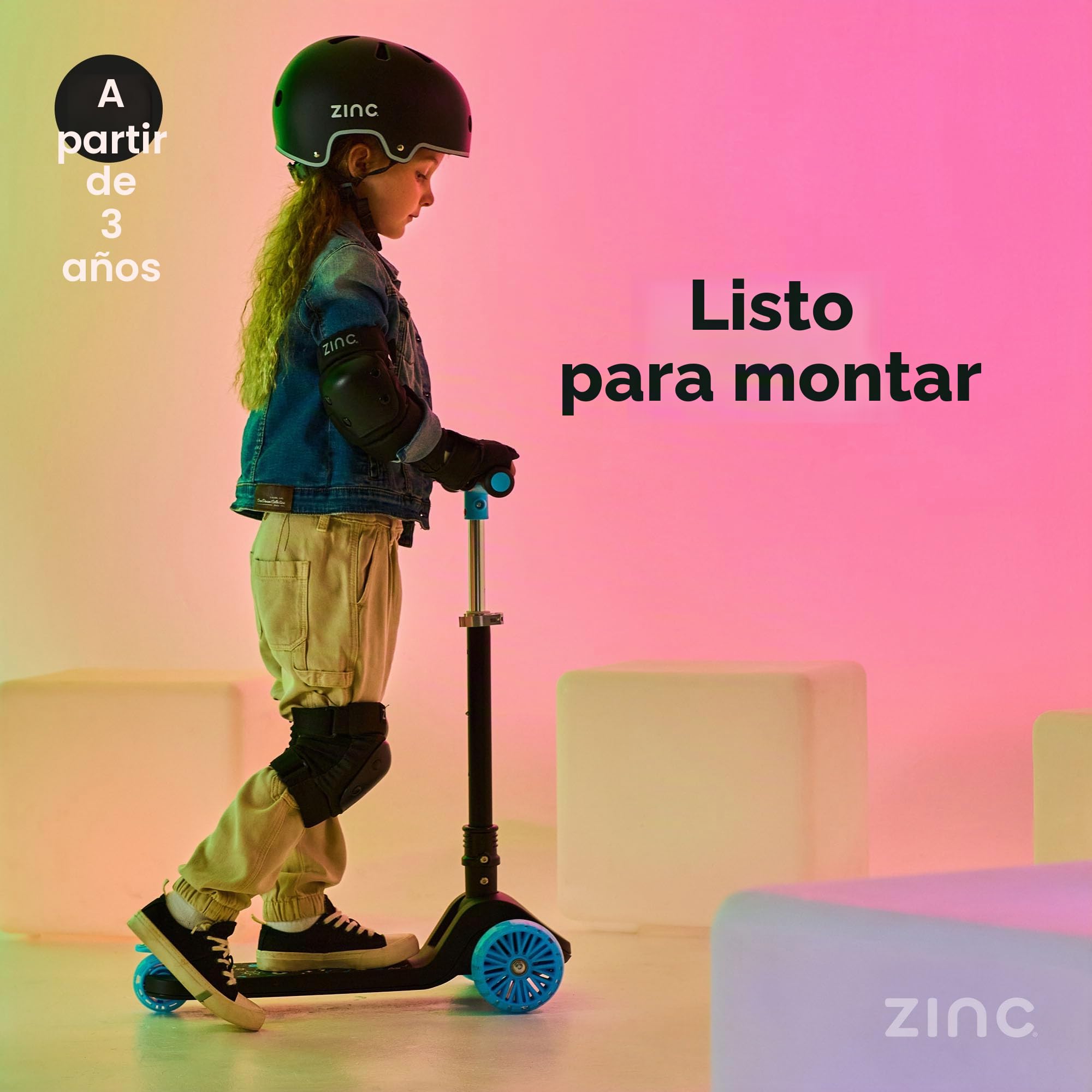 Zinc T-Motion Shine - Patinete para niños a partir de 3 años, plegable de tres ruedas para niños y niñas con cubierta y ruedas con luz LED, manubrio ajustable, controles de inclinación y dirección,