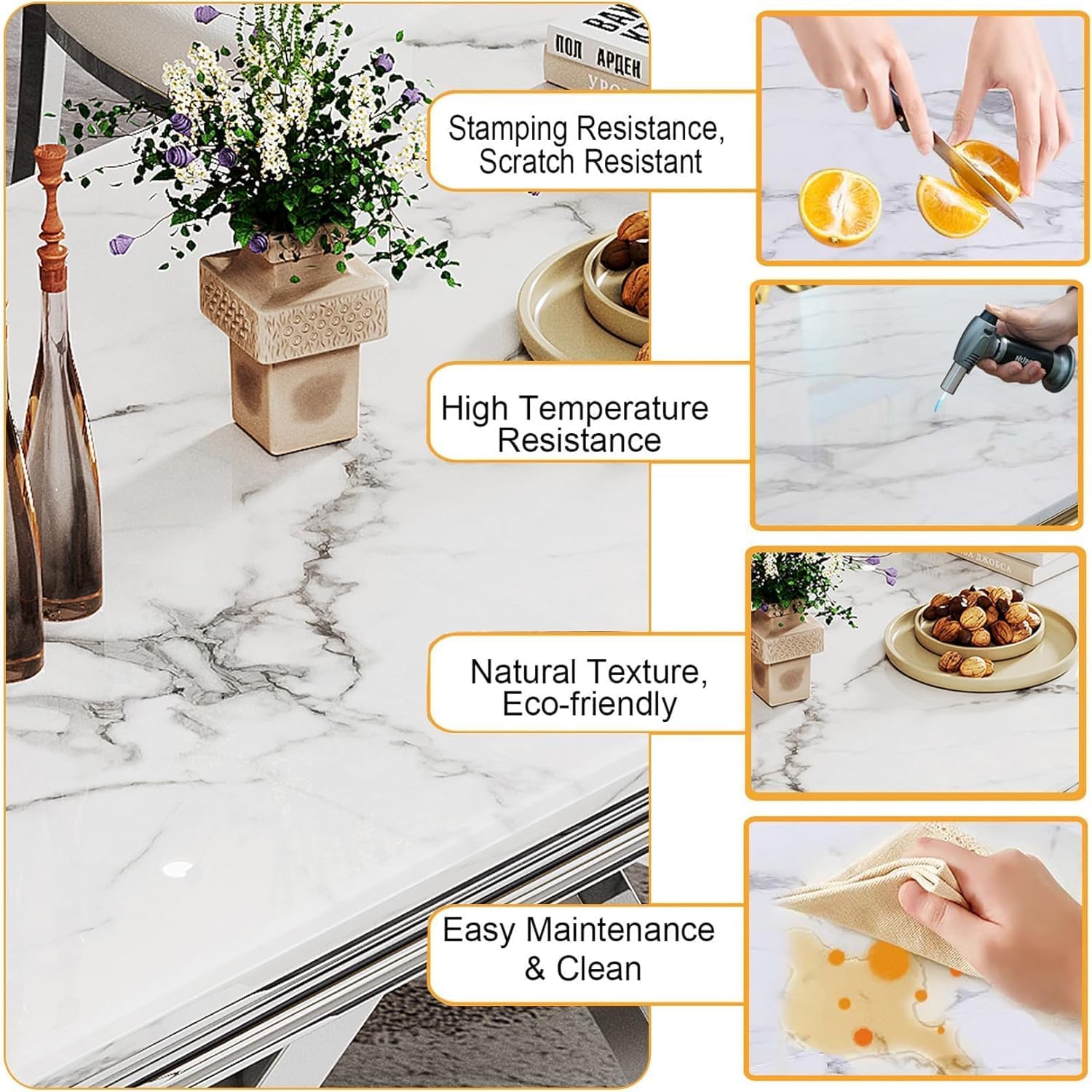 Modern Dining Table for 6-8, 68 Inch White Marble Kitchen Table with Silver Mirrored Dimaond Design Legs, Luxurious Rectangular Faux Marble Dining Room Table for Dining Room,Living Room