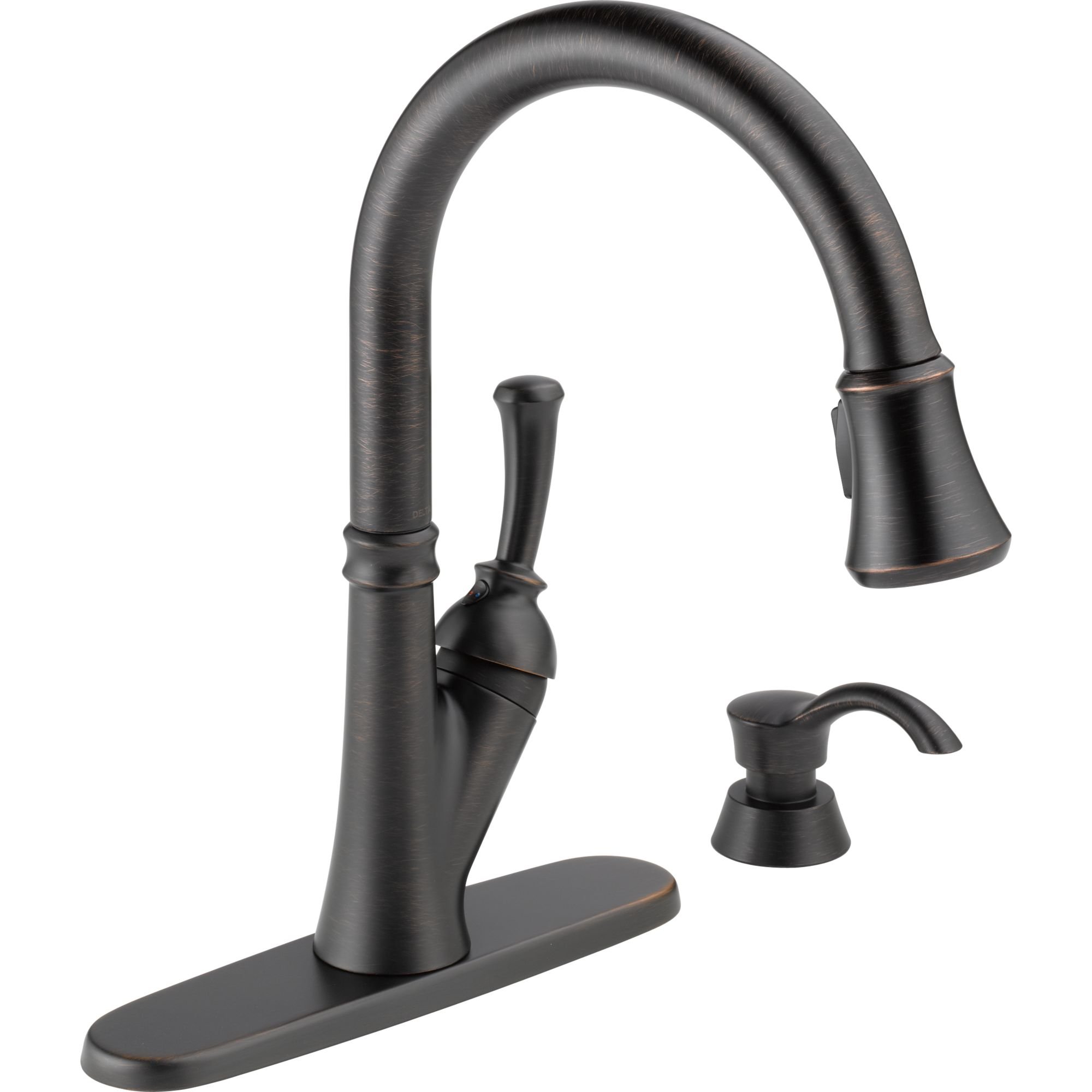 DELTAFaucet 19949-RBSD-DST Savile Single Handle Pull-Down Kitchen Faucet with Soap Dispenser, Venetian Bronze