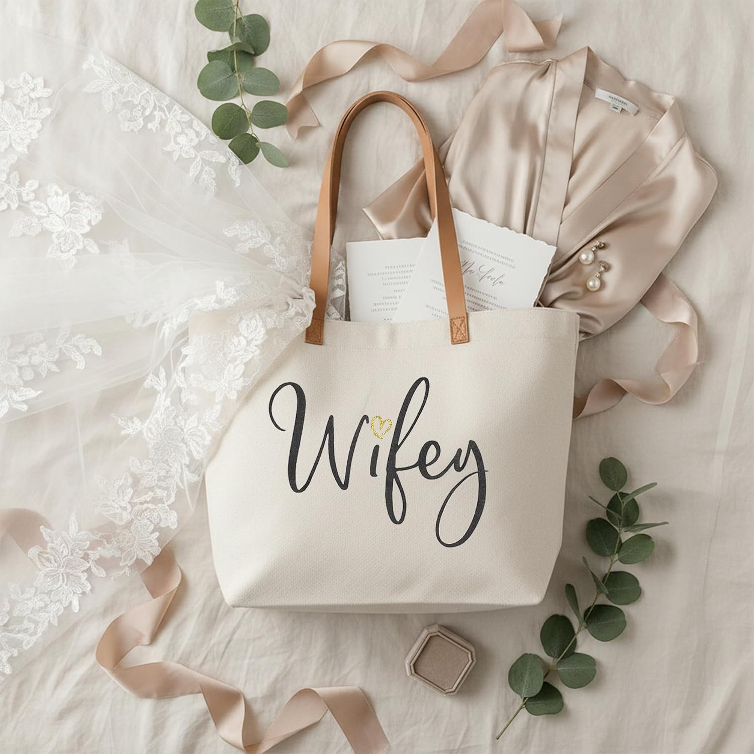 ELEGANTPARK Wifey Tote Bag for Bride - Large Canvas Wedding Bag with Zipper - Bachelorette Party Engagement Gift, Honeymoon Beach Travel Bag - Image 5