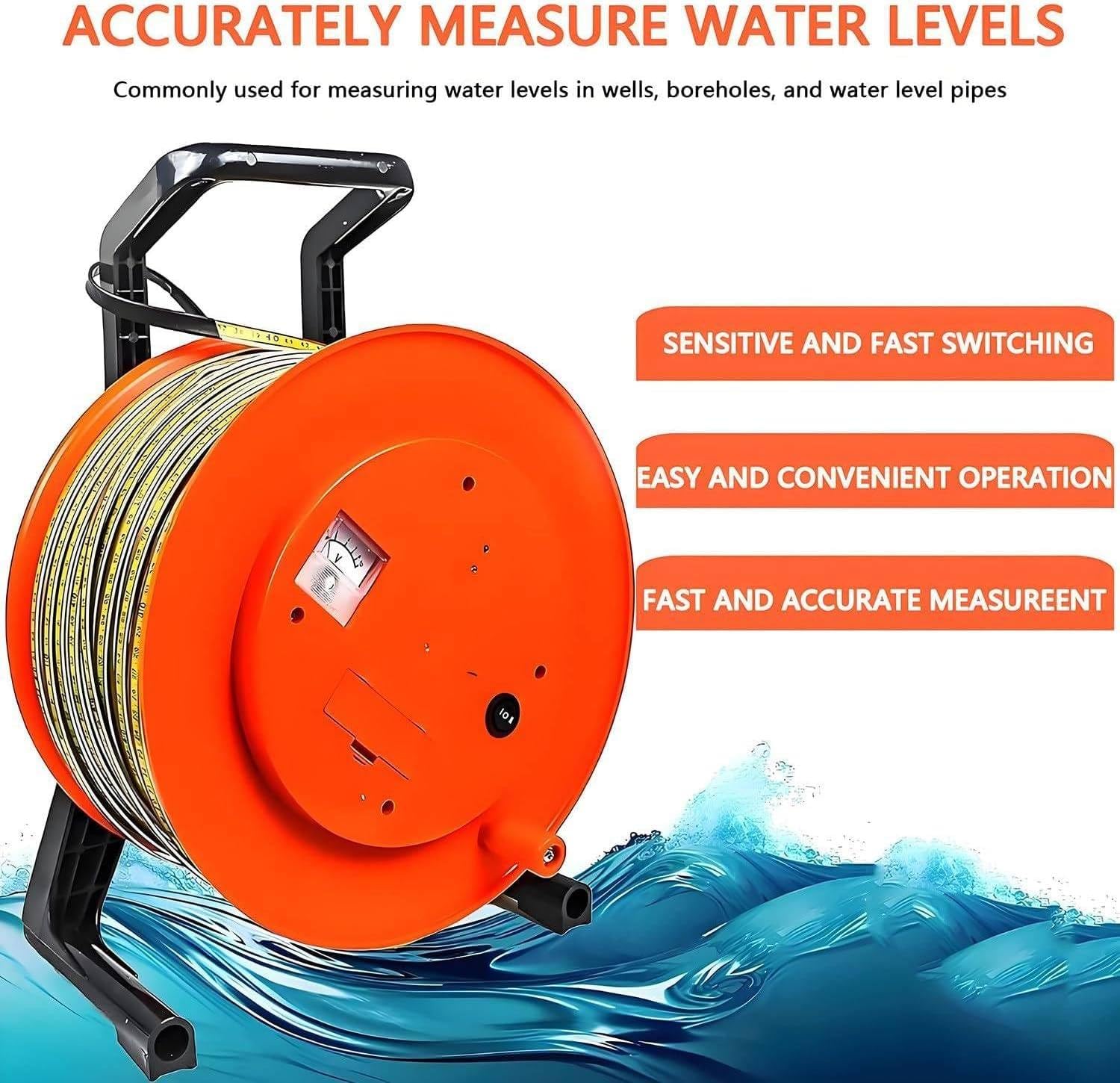 Medidor de Nivel de Agua, medidor de Nivel de Agua eléctrico con Regla de Acero, Rango de medición de 10 a 300 Metros, Mide Niveles de Agua en pozos, Perforaciones, embalses y tuberías 30m