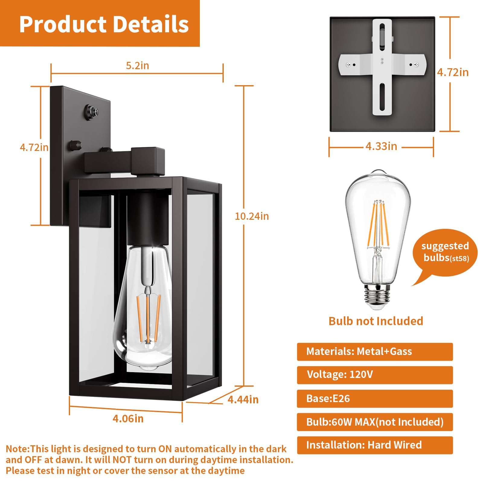 2 Pack Dusk to Dawn Exterior Lighting Fixtures Wall Mount Sensor Outside Front Porch Lights for House Outdoor — view 6