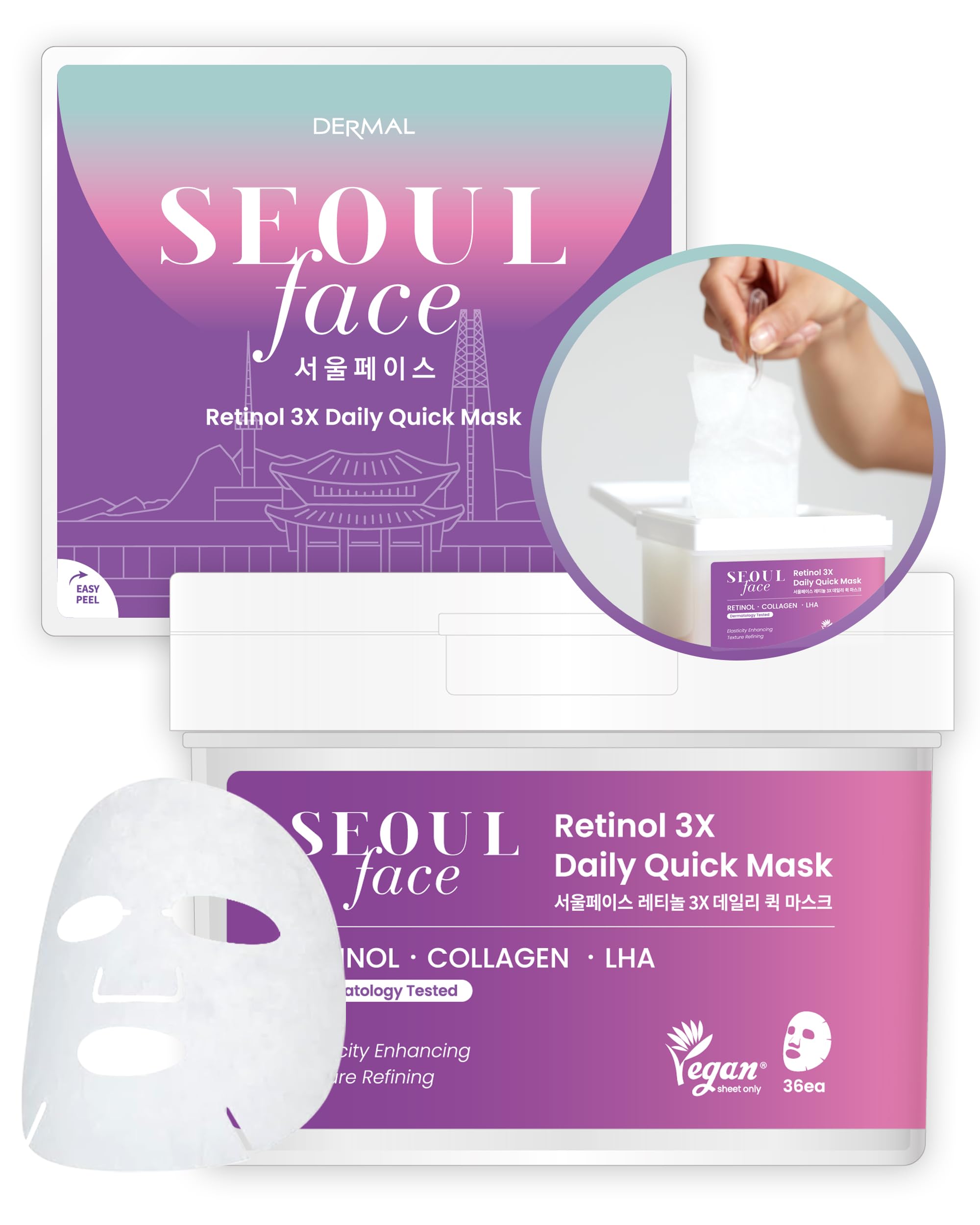 DERMAL Seoul Face Retinol 3X Daily Quick Mask 36 Sheet – Korean Skincare Vegan Tencel Facial Masks - Anti Aging, Wrinkle Improvement Mask Sheets with Collagen, LHA, Peptide