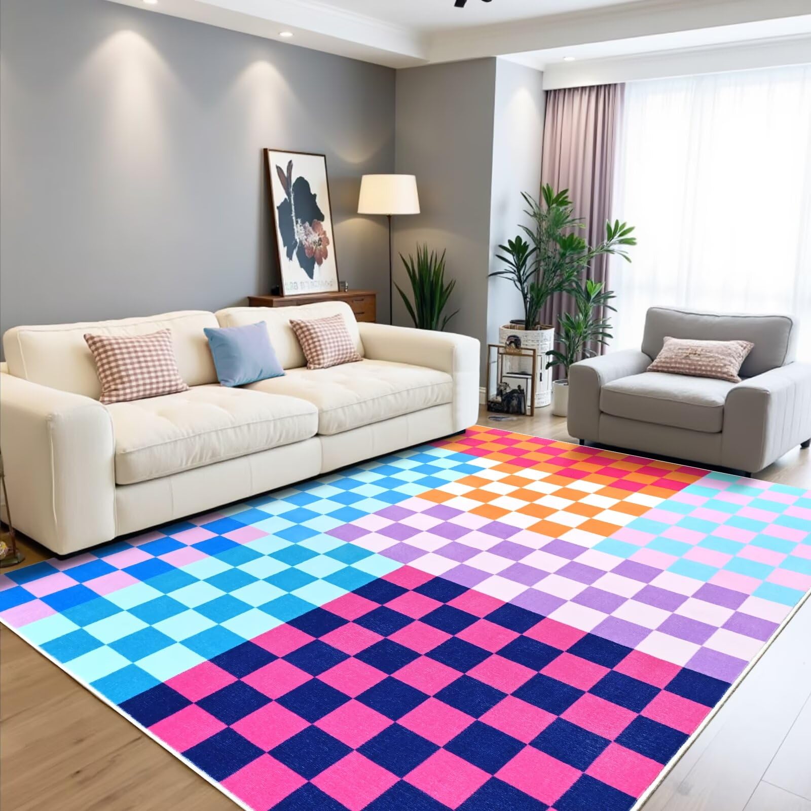 Terrug Multicolored Checkered Rug for Living Room,6x9 Area Rugs Washable with Non Slip for Bedroom,Soft Low Pile Stain Resistance Retro Carpet for