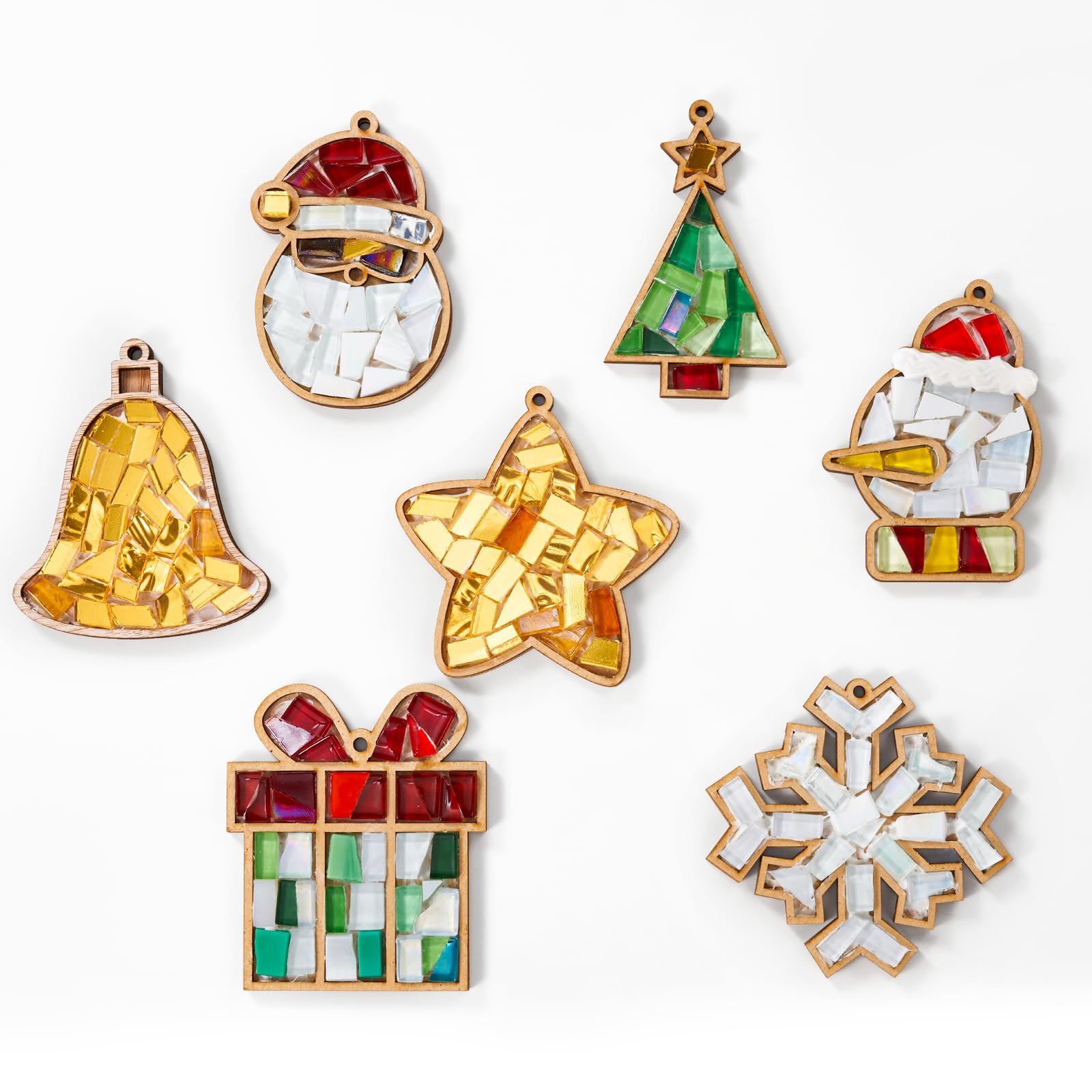 FARBCLUB DIY Glass Mosaic Tiles Crafts Kits for Adults, 7PCS Wooden Bases with Hole Christmas Ornaments, Mosaic Adult Crafts Christmas Decorations Indoor Decor for Women Beginners Handmade Gifts