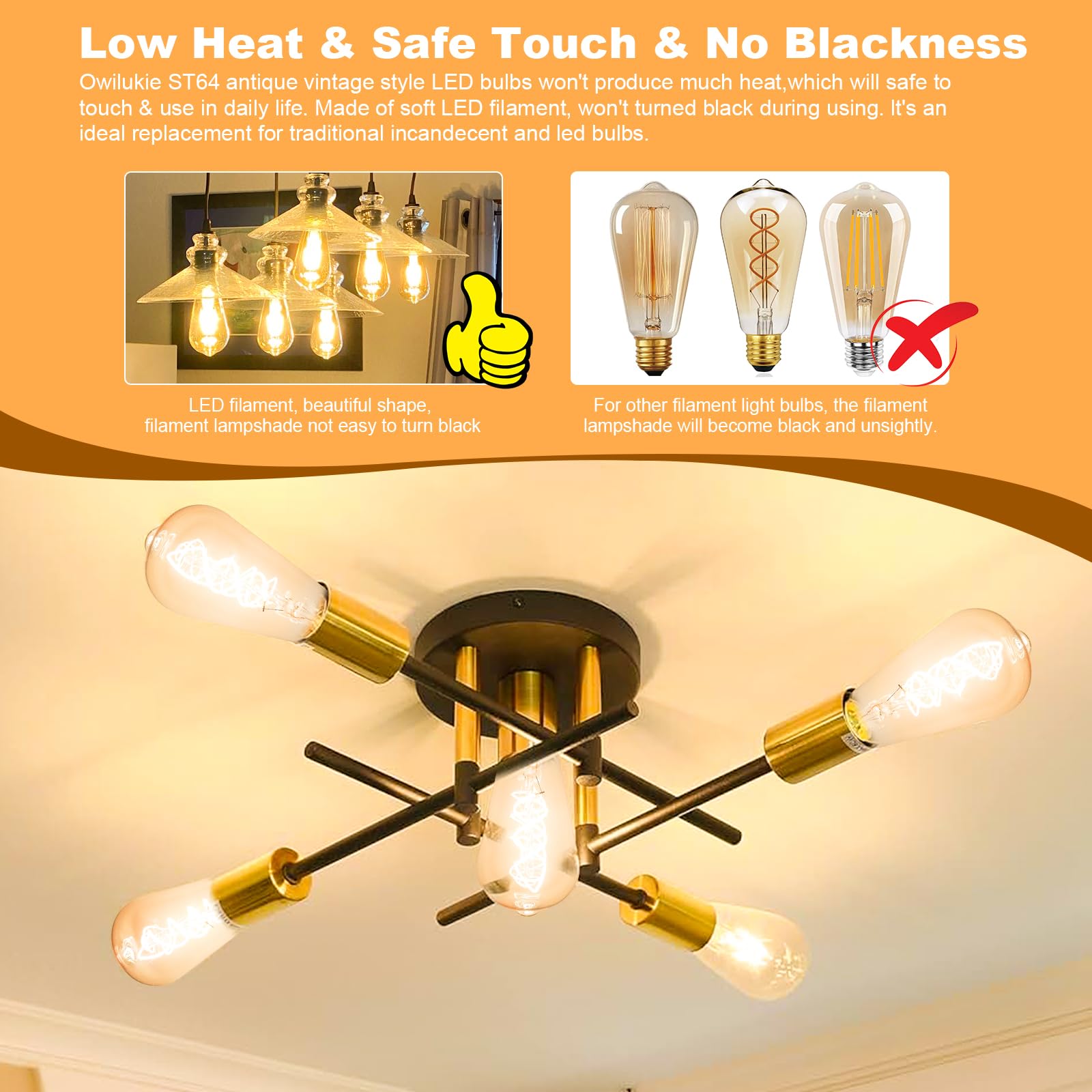 Bombilla LED E26, 4 W, equivalente, E26, 40 W, vintage, luz blanca cálida, 2200 K, ámbar E26, bombilla Edison regulable, ST21/ST64, AC120 V, 300 lm, CR90+, cristal transparente, paquete de 4