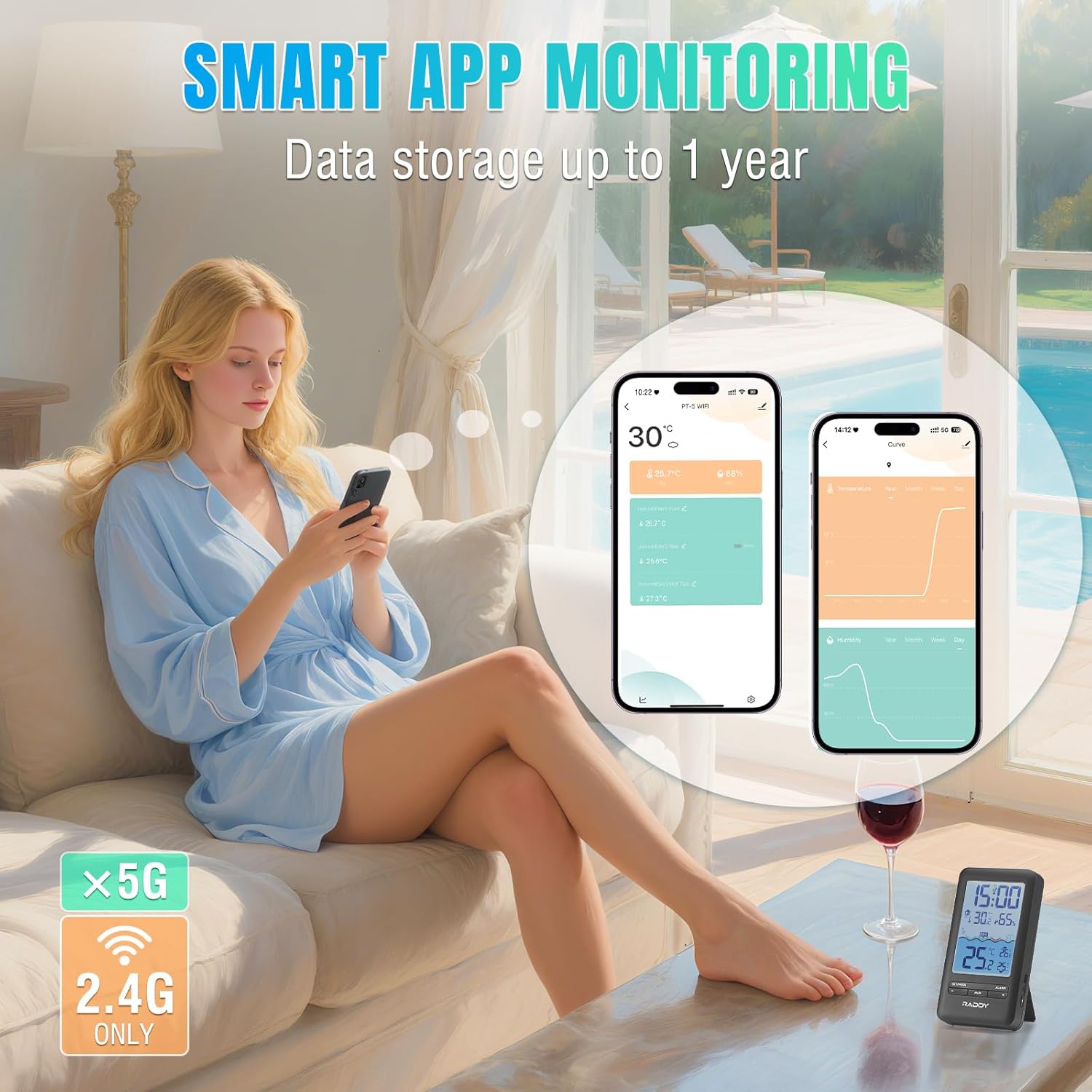 A woman using a smartphone to monitor the Raddy PT-5 app, showing temperature and humidity data.