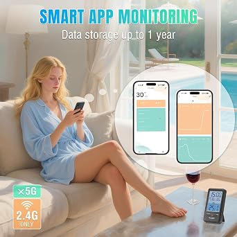 Raddy PT-5 Wi-Fi Pool Thermometer, Wireless Smart Floating Sensor with Indoor Console, APP Remote Monitoring, IPX8 Waterproof, Solar & USB-C Rechargeable, for Hot Tub Spa Swimming Pool Tank Aquarium