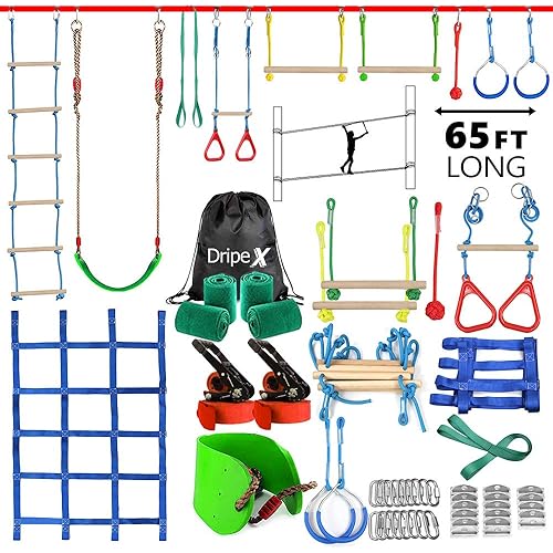 Ninja Warrior Obstacle Course for Kids - 2X65FT Longest Ninja Lines with Most Complete Accessories for Kids, Swing, Trapeze Swing, Rope Ladder, Obstacle Net Plus 1.2M Arm Trainer