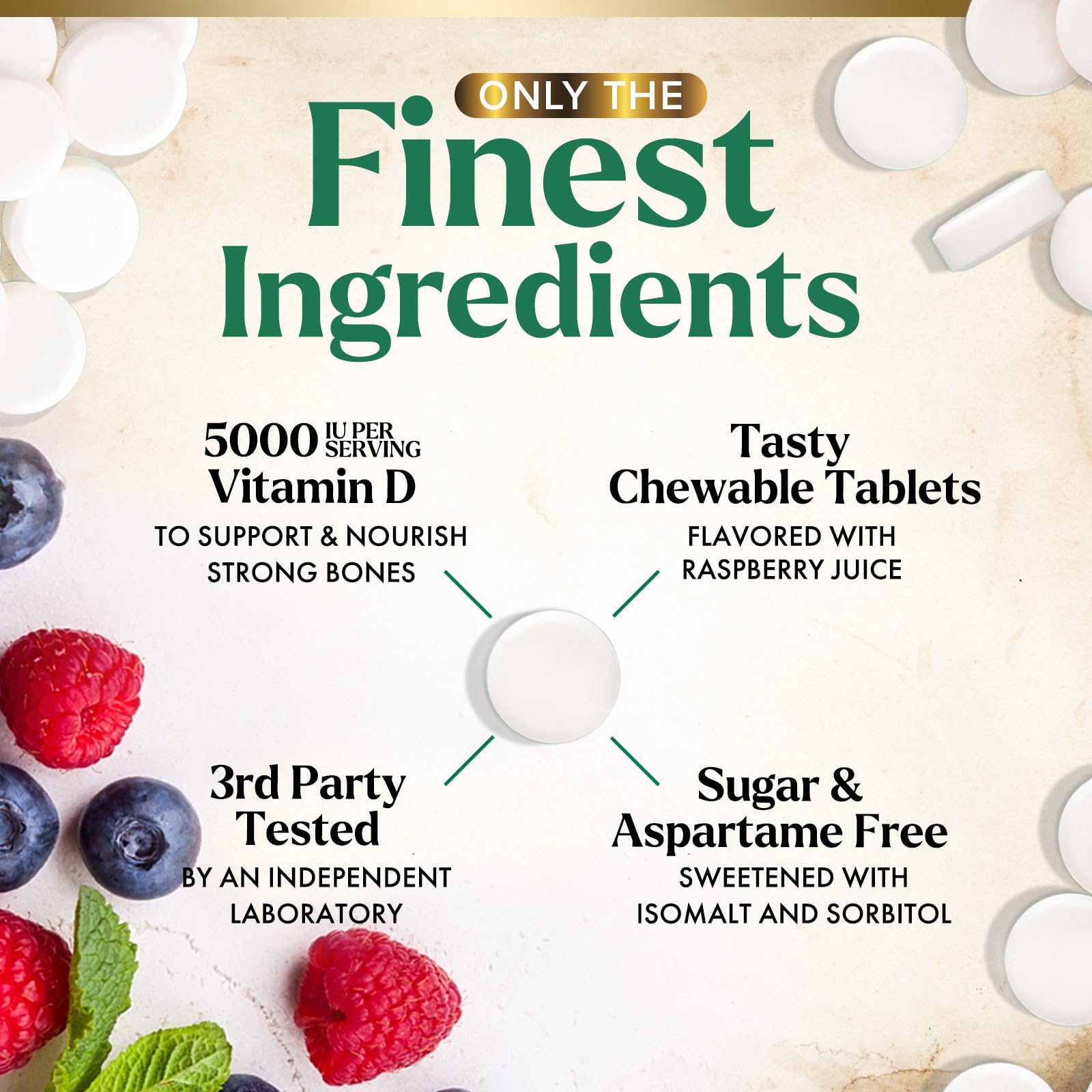 Vitamin D3 5000 IU - Extra Strength Vitamin D Chewable for Immune Health Support - Bone, Teeth and Muscle Support Supplement - Sugar Free - Tasty Raspberry Flavor - Bottled in the USA - 120 Tablets — Amazon image 3