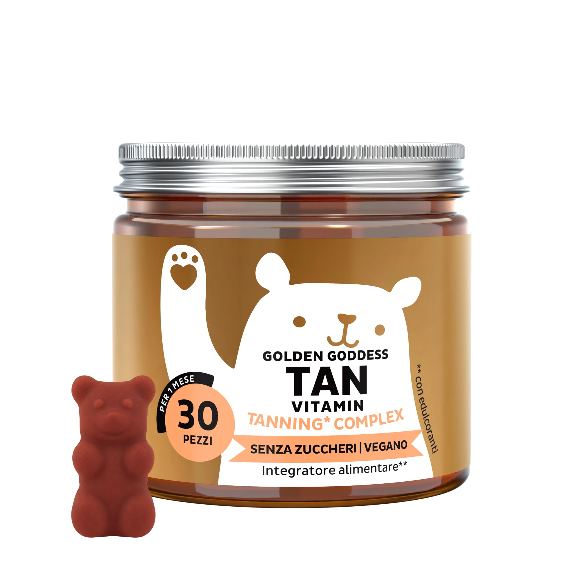 Golden Goddess Tan Vitamin Caramelle Gommose - Complesso Abbronzante - Vitamina C, E, D, Betacarotene e Rame - 30 pezzi (1 mese) - Senza Zucchero, Vegano - Bears with Benefits