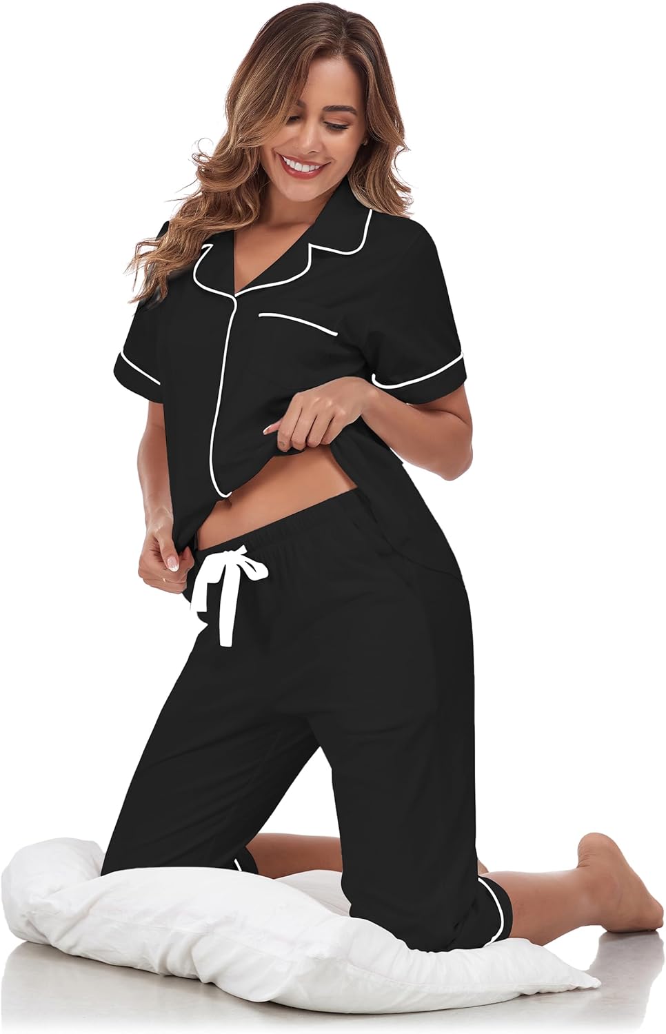 EA'S SECRET Cotton Pajamas for Women Pjs Capri Pajama Sleepwear Button Down Short Sleeve Loungewear Set Sleepwear For Women - Image 4