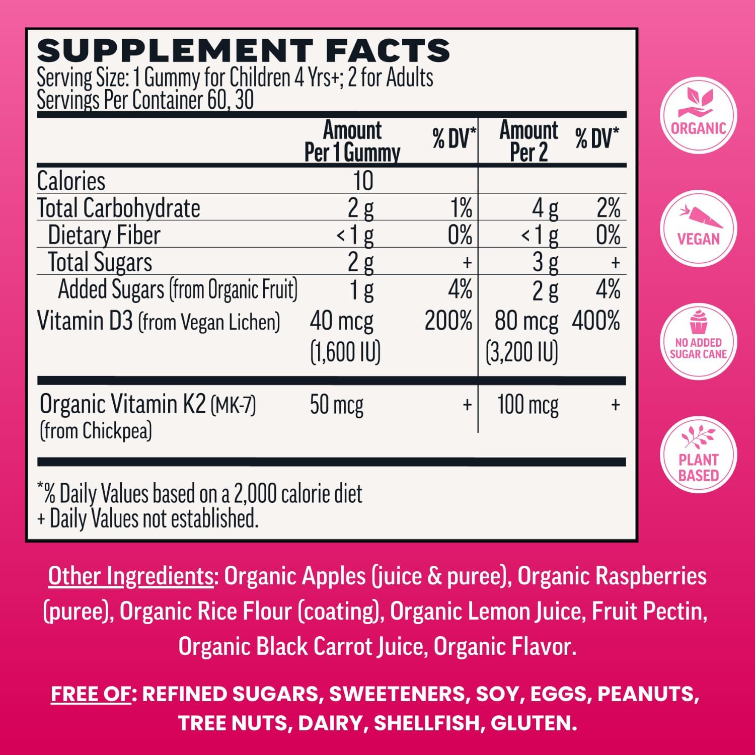 Llama Naturals Vitamin D3, Vegan, Organic Immune Support Supplement, Vitamin D Gummies for Adults and Kids, Real Fruit Gummy Vitamins, Promotes Bone Health, No Added Sugar Cane, Raspberry, 60 Ct - Image 3