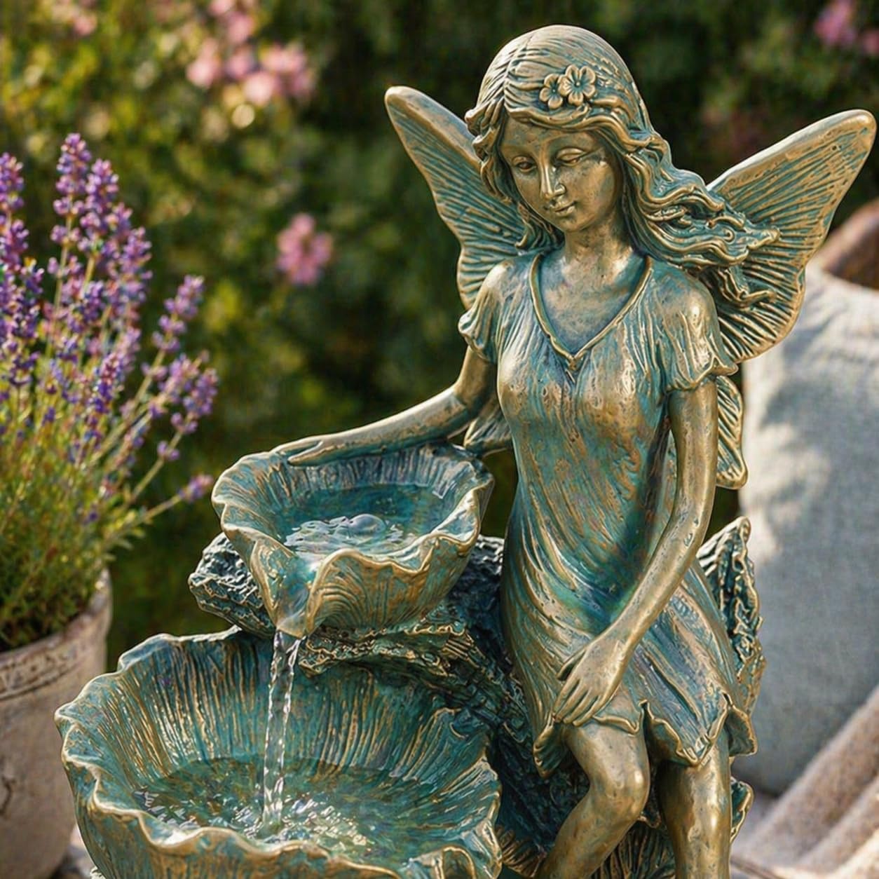 Festive Lights Fontaine LED solaire de 41 cm en forme de fée avec cascade, fontaine solaire pour jardin, intérieur et extérieur, fontaine solaire pour l’extérieur, fontaine de jardin en bronze