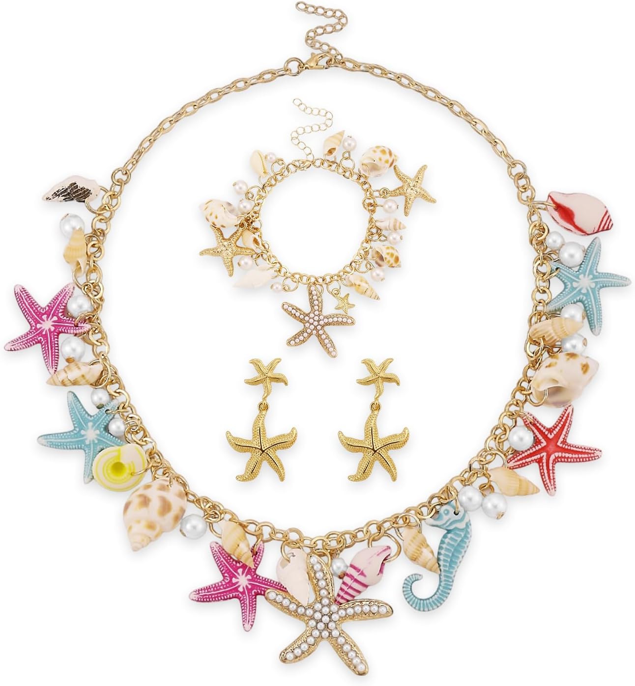 Bohemian Mermaids Starfish Jewelry Set for Women Starfish Necklace Bracelet Earrings Mermaids Starfish Conch Necklace Summer Ocean Beach Jewelry Set Halloween Prom Jewelry Mermaids Accessories