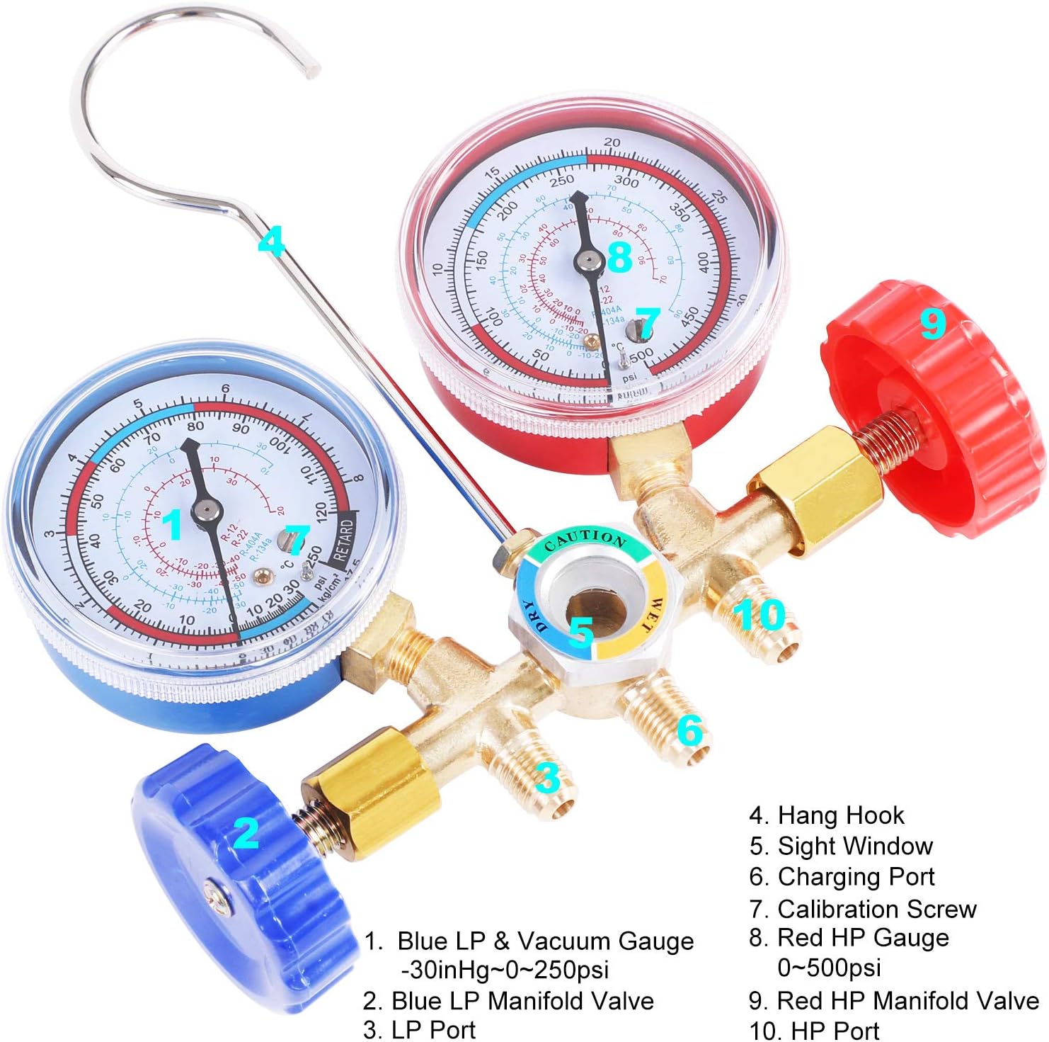 JIFETOR 3 Way AC Manifold Gauge Set, HVAC Diagnostic Refrigerant Charging Tool for Auto Household R404A R134A Refrigerant, Quick Couplers Can Tap Adapter Valve Core Tool, 3FT Hose
