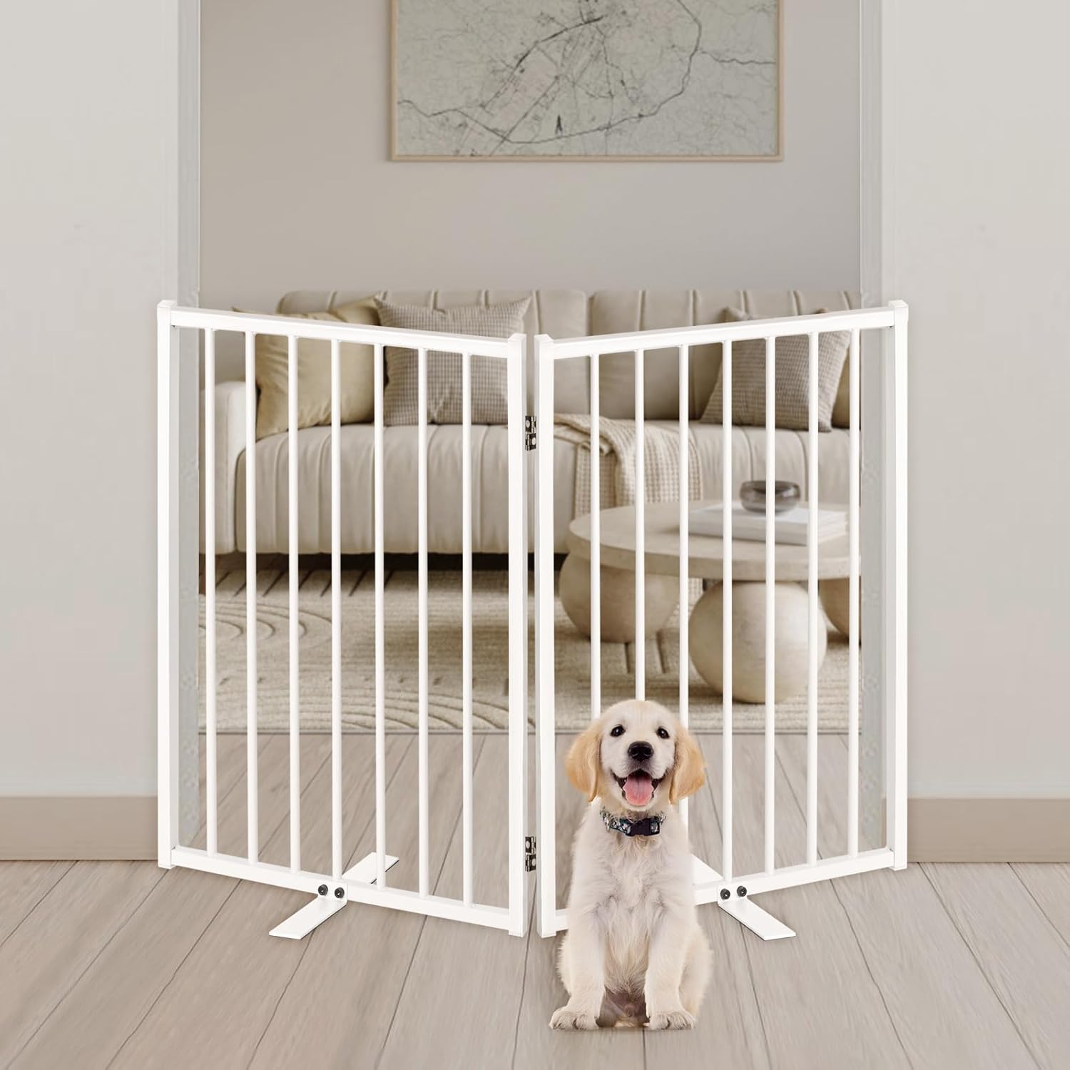 Metal Freestanding Dog Gates with Door for Outdoor Indoor,40'' Extra Wide 24'' Tall Free Standing Dog Gate for Doorways,Large Openings,Deck,Yard,Porch,Foldable Safety Pet Fence(White,2 Panels)