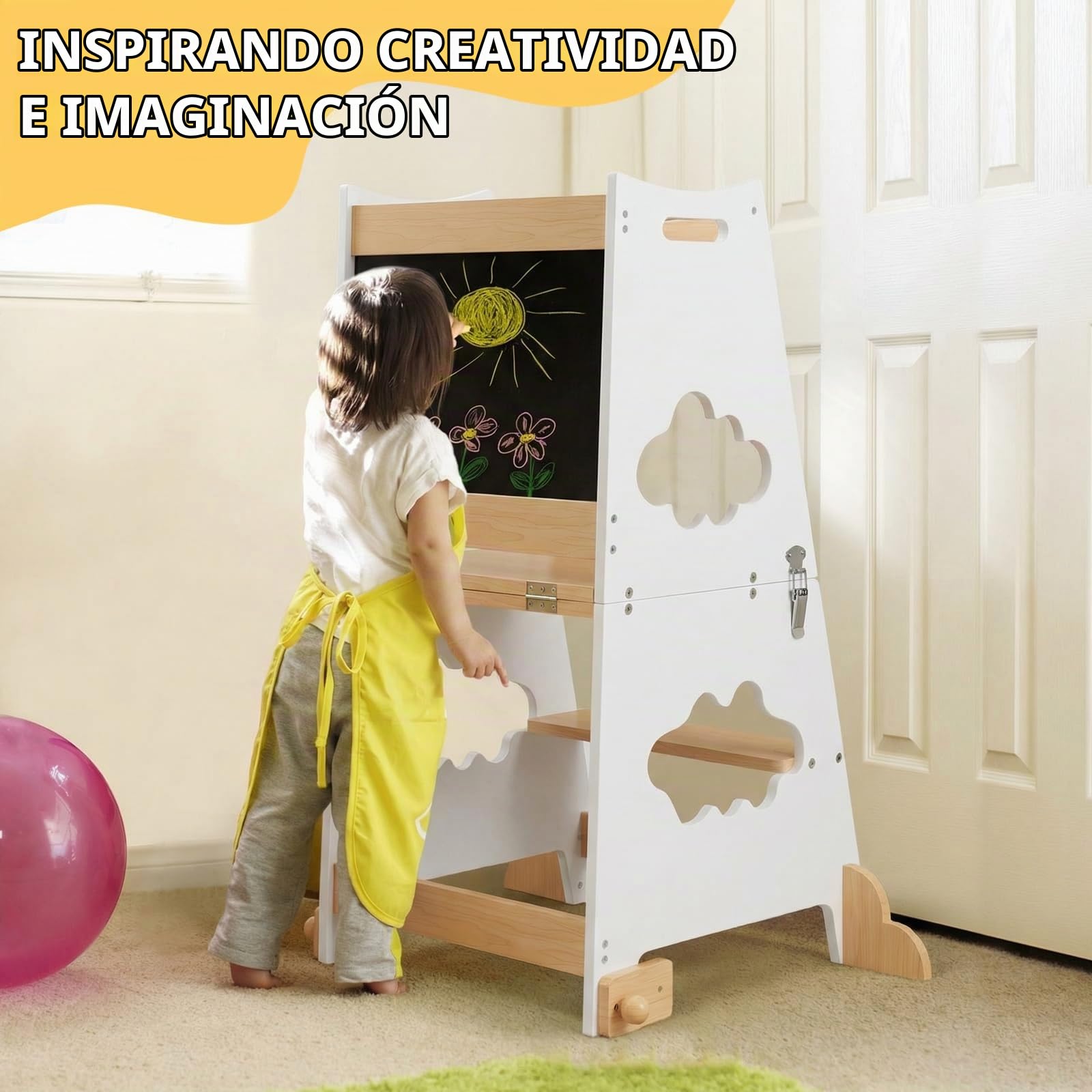 KIDINIX Torre de aprendizaje 3 en 1 Montessori Learning Tower con barandilla de seguridad y pizarra, silla de aprendizaje plegable para niños con función de mesa para cocina, baño (natural y blanco)