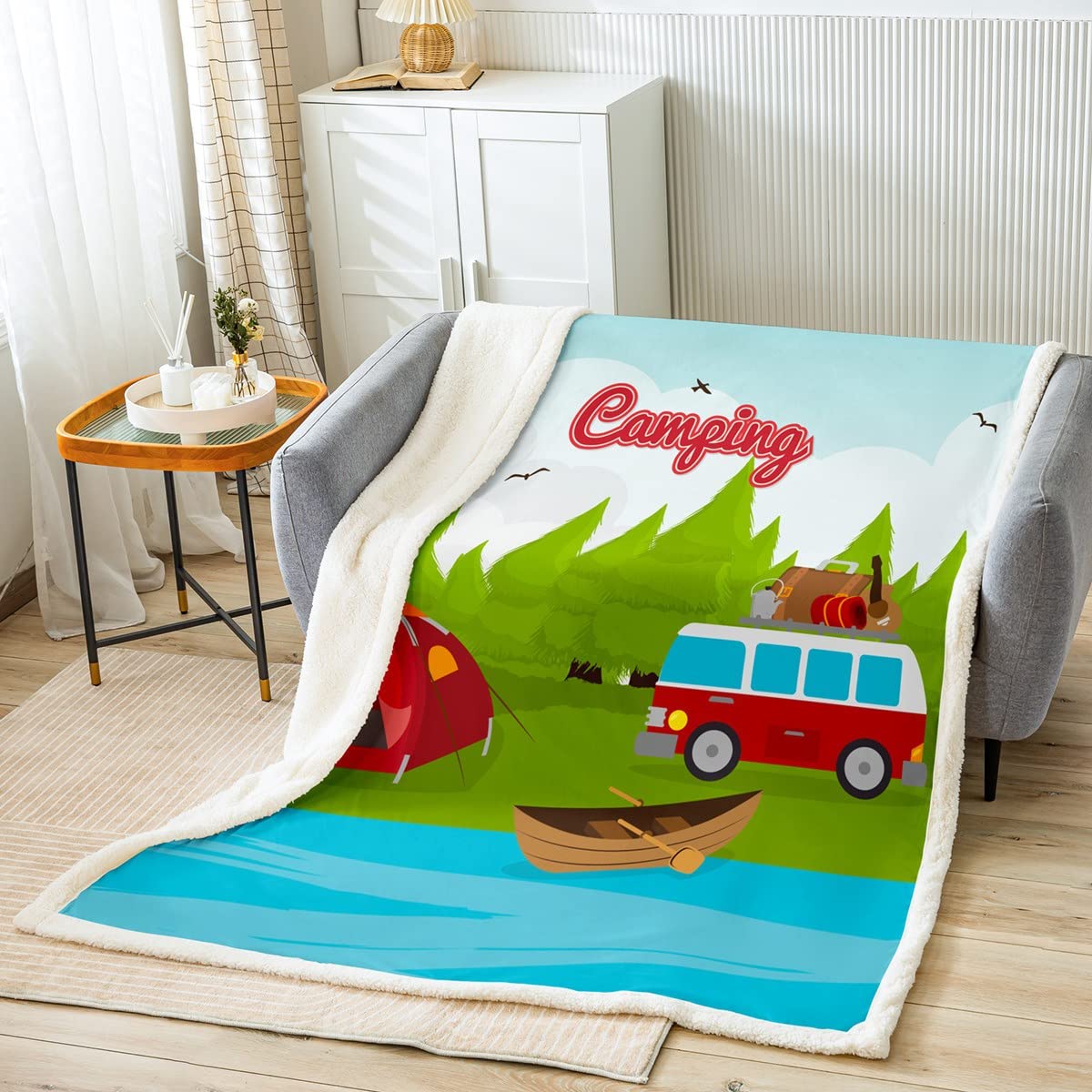 Grande coperta da campeggio Sherpa coperta da campeggio, auto, camper, da viaggio, in pile per bambini, ragazzi, ragazze, camper, lago, barca, coperta fuzzy per divano letto, queen 200 x 200 cm