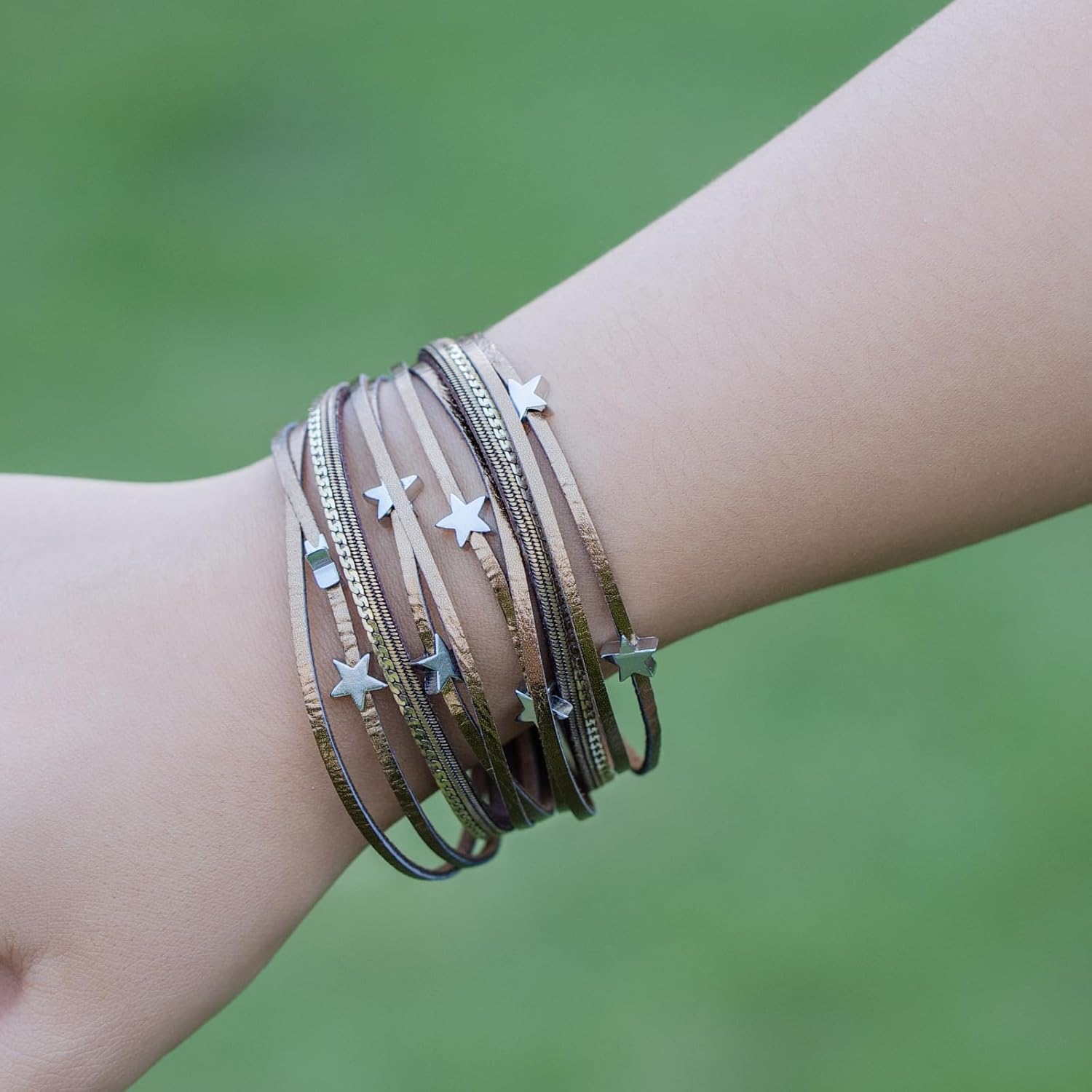 FANCY SHINY Leather Wrap Star Bracelet Boho Bangle Bracelets for Women Trendy Stackable Cute Star Charm Bracelet with Magnetic Clasp - Image 5