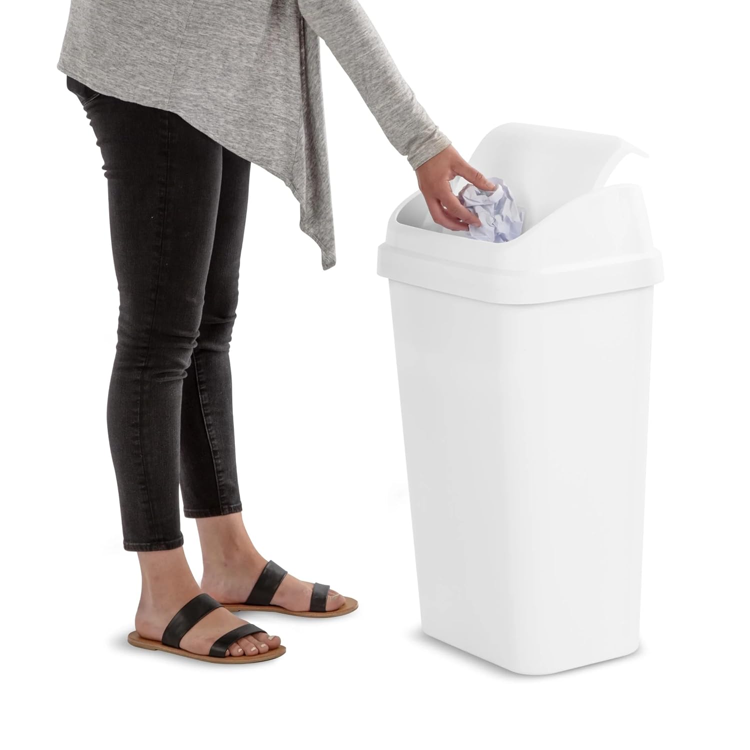 Kitchen Trash Can, 13 Gallon Plastic Garbage Bin with Swing Top Lid, White