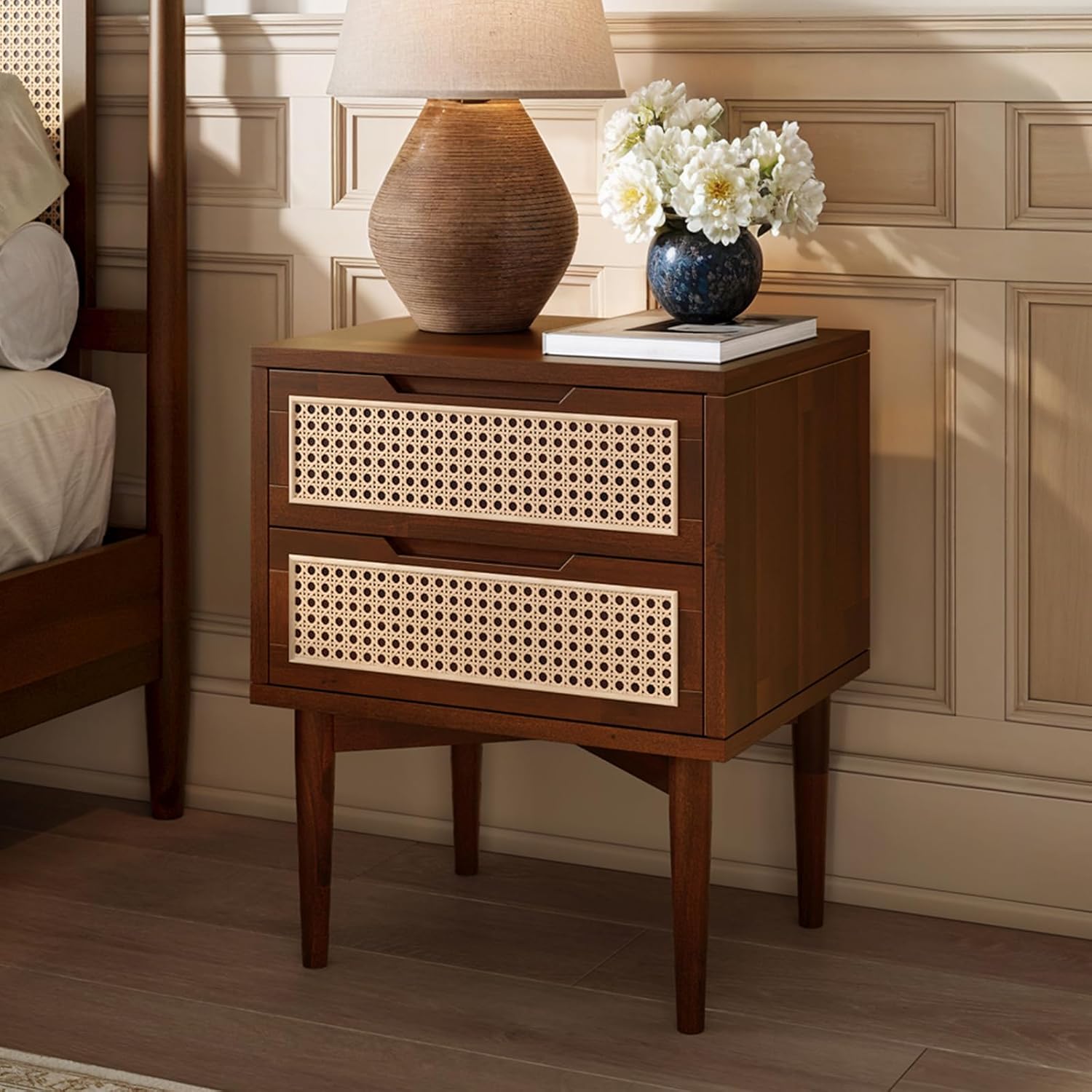 Bme Oliver Solid Wood Rattan Nightstand/Side Table/End Table, Fully Assembled, for Bohemian & Mid Century Style Bedroom and Living Room, Walnut