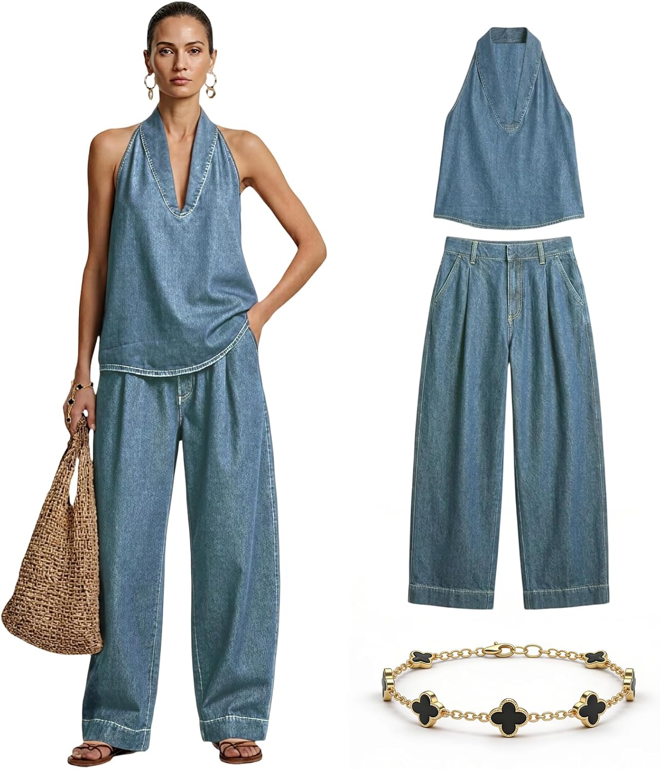 Cozy Minimalist Two-piece Denim Set Summer Sleeveless V Neck Halter Top and Wide Leg Pants Casual Lounge Vacation