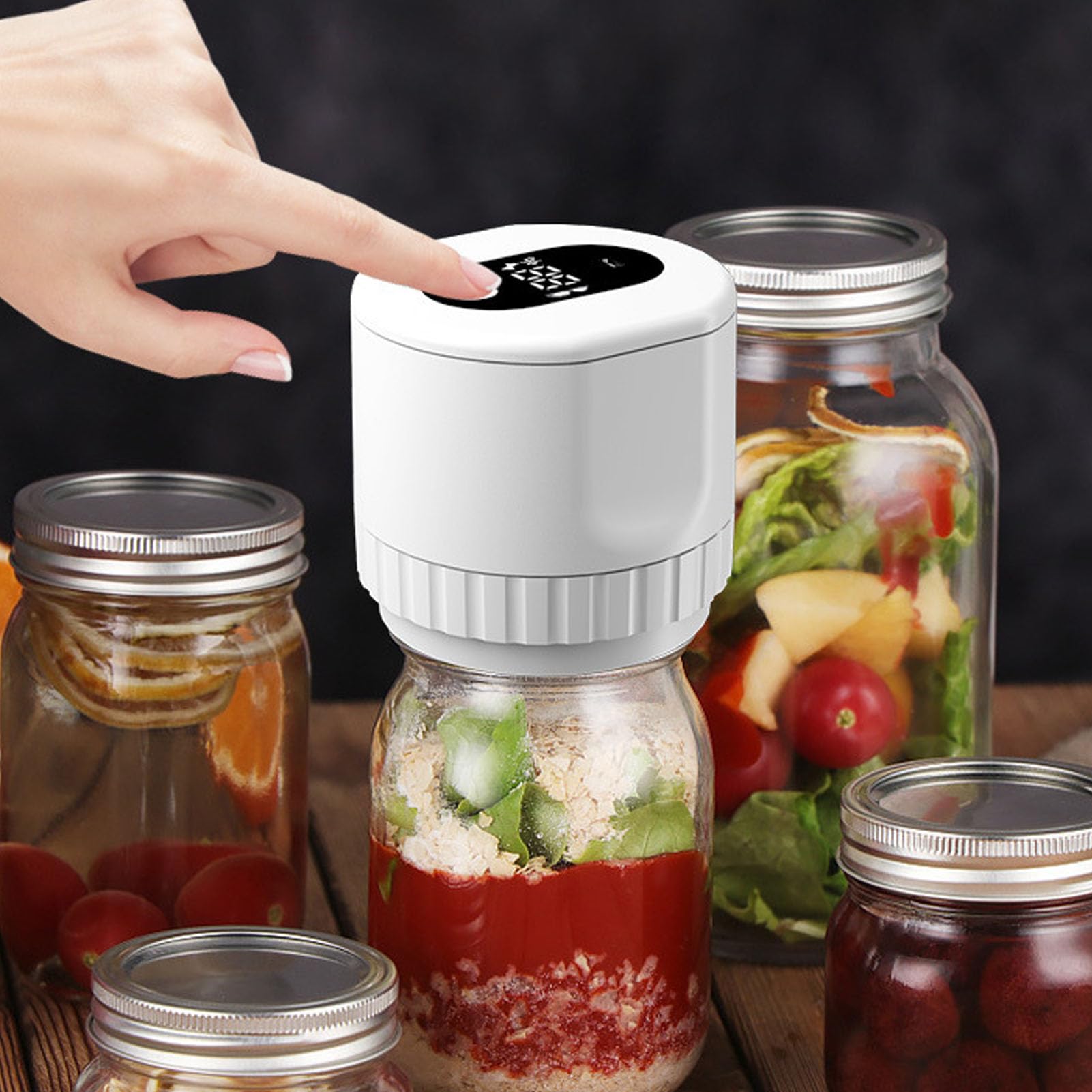 Fockety Kit de Scellage Sous Vide électrique pour Bocaux Mason, 5 Couvercles de Bocaux à Large Bouche, 5 Couvercles de à Bouche Régulière, Portable sans Fil, 1200 MAh, Chargeur (WHITE)