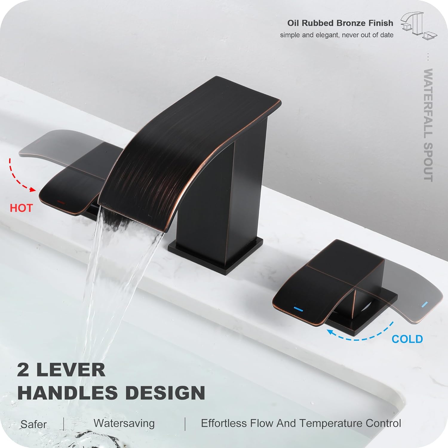 GAGALIFE 8 Inch Waterfall Bathroom Faucets 3 Hole - Oil Rubbed Bronze Widespread Bathroom Faucet with Drain, Two Handles Bathroom Sink Faucet, Patent No. : US D967,340 S