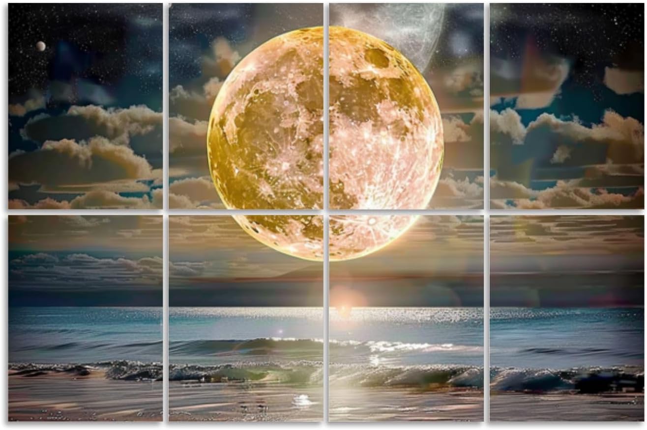 8 Pack Art Acoustic Panels Sound Absorbing Moon Sea Ocean Landscape Picture Canvas Room Home D Full Moon Night Decorative Soundproof Wall Panels Self Adhesive for Recording Studios Office 48"x32"