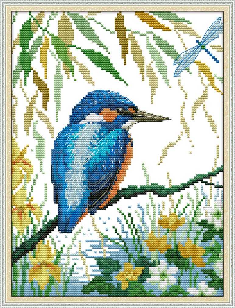 YEESAM ART Unstamped Cross Stitch Kits for Adults, Kingfisher On A Branch 14ct Counted Unprinted Embroidery Kit Needlework Wall Art Decor