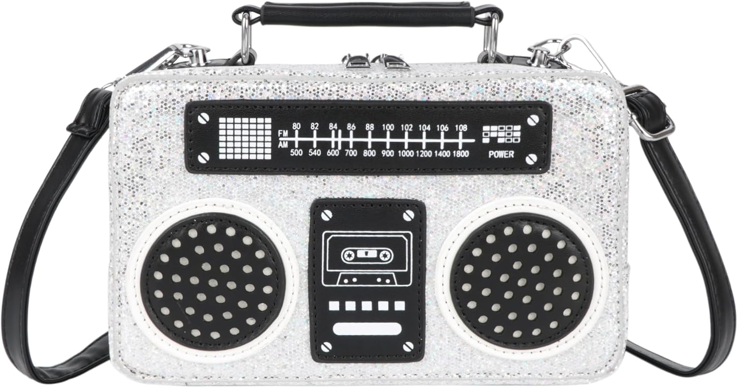 Vintage Radio Recorder Clutch Handbag Leather Top Metal Handle Crossbody Small Box Bag Shoulder Bag