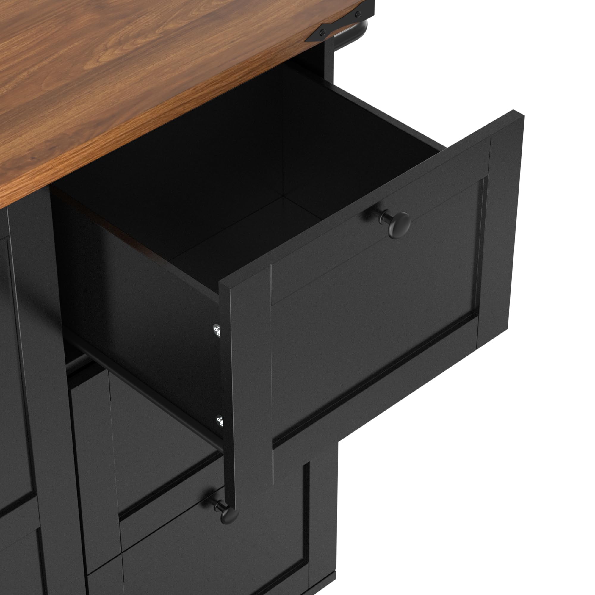Moimhear Isola da cucina, carrello da cucina con piano di lavoro estraibile, armadio da cucina con 2 ante scorrevoli e 3 cassetti, con venature del legno, nero (140 x 73 x 92,5 cm)
