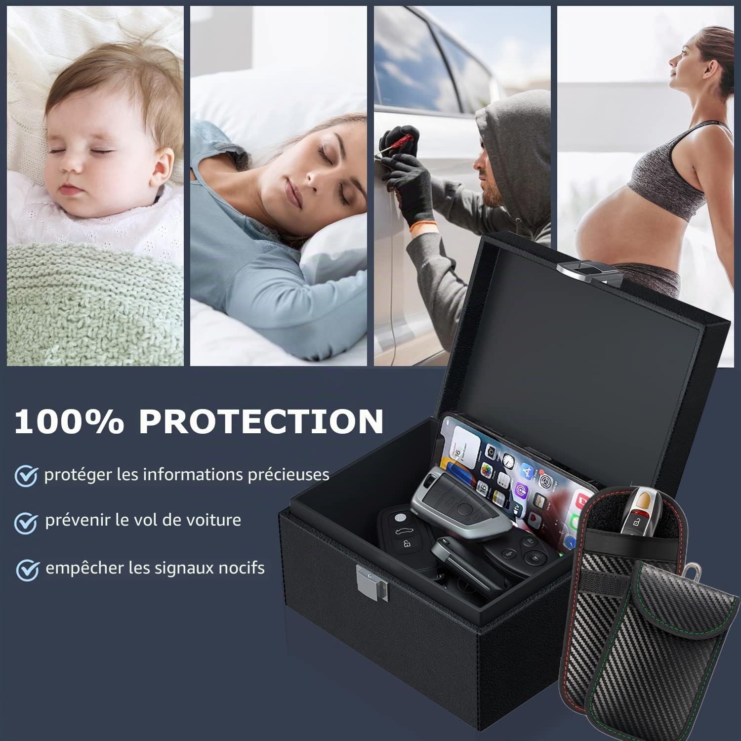 Boite Anti Rfid Clé Voiture Avec 2 PièCes Etui Anti Rfid Pochette Clef Voiture Boite Faraday Boitier Blocage Signal RFID Protection (Grande Taille 19 X 12 X 9 cm)