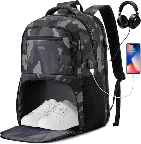 YAMTION Mochila de gimnasio de 17,3 pulgadas para hombre, mochila para laptop con compartimento para zapatos, bolsa deportiva de entrenamiento con