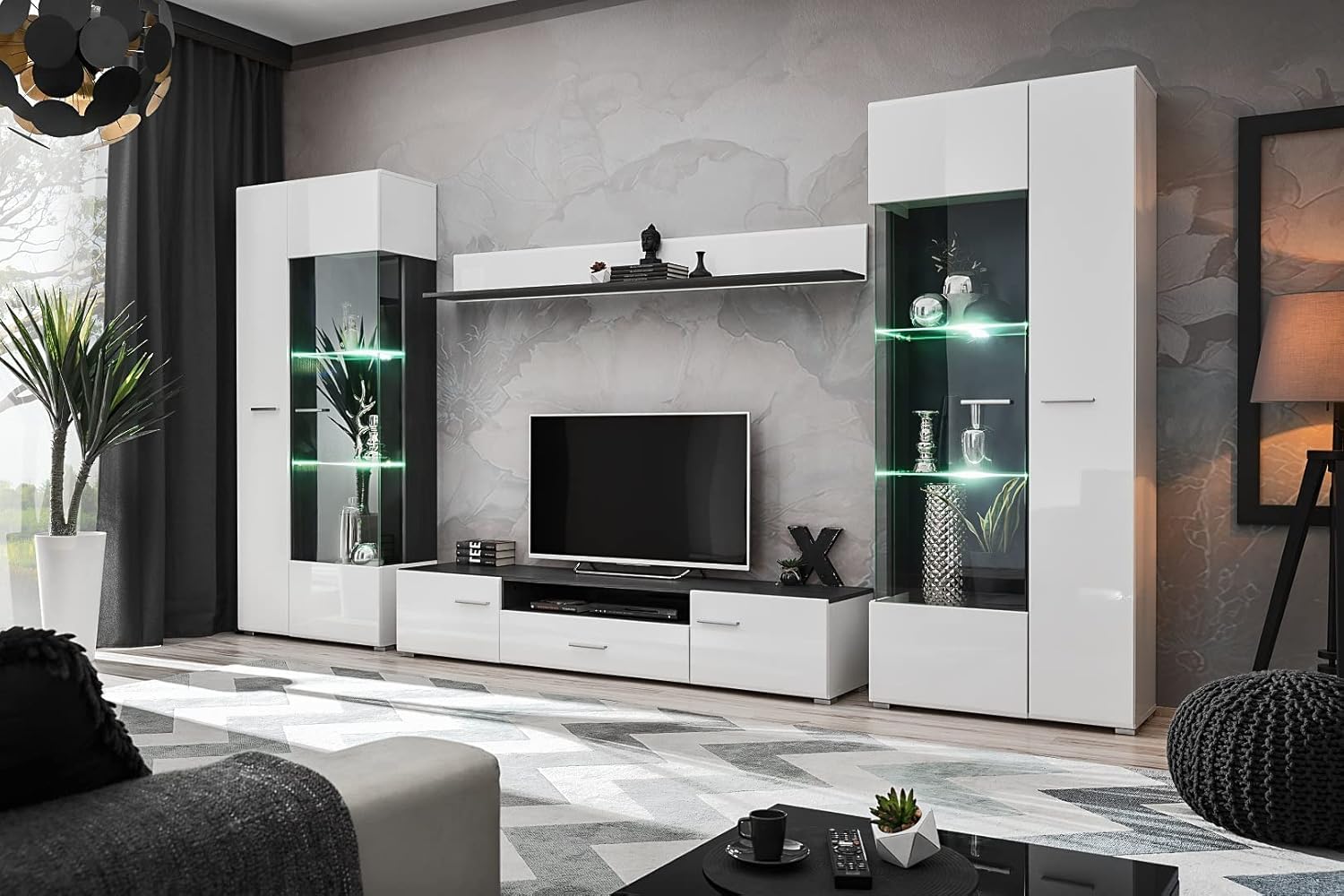 Wohnwand SOLIDO Twin Wohnzimmerset TV Wand Weiß Hochglanz Anbauwand Wohnzimmer Fernsehwand