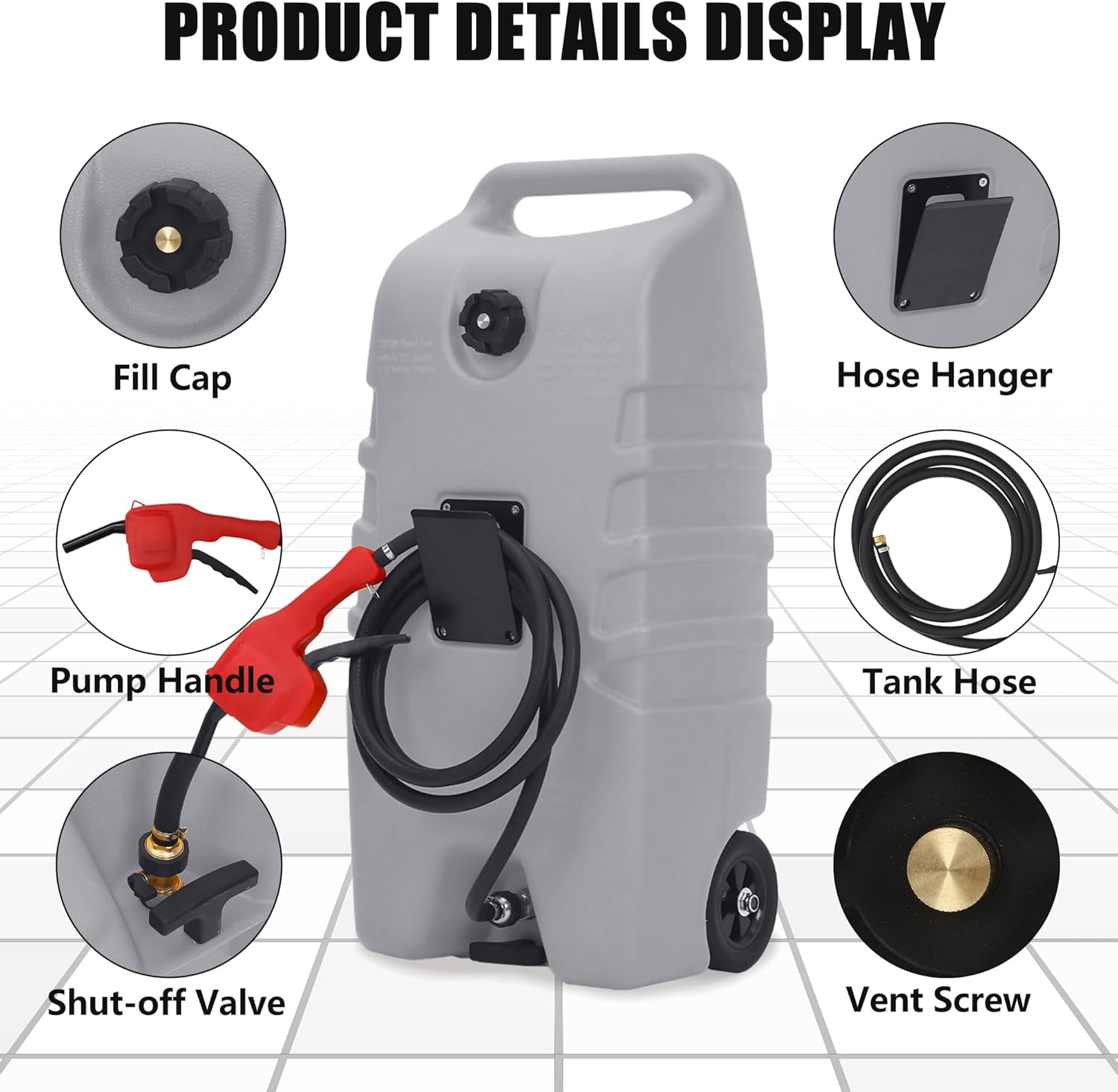 14 Gallon Portable Fuel Tank with Wheels, Red Gas Caddy with Manual Siphon Pump & 10FT Hose, T-Handle for Easy Carry, Included for Cars, ATVs, Boats, Generators - Gray