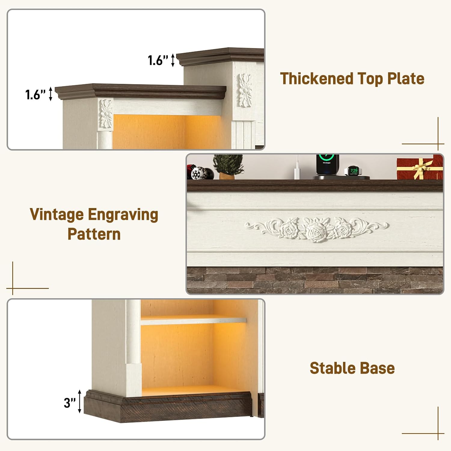 85" Electric Fireplace with Mantel, Farmhouse TV Stand with 36" Fireplace for TVs Up to 95 Inch, 37.6" Tall Entertainment Center with Charging Station & LED Lights, Carved Decoration, Antique White