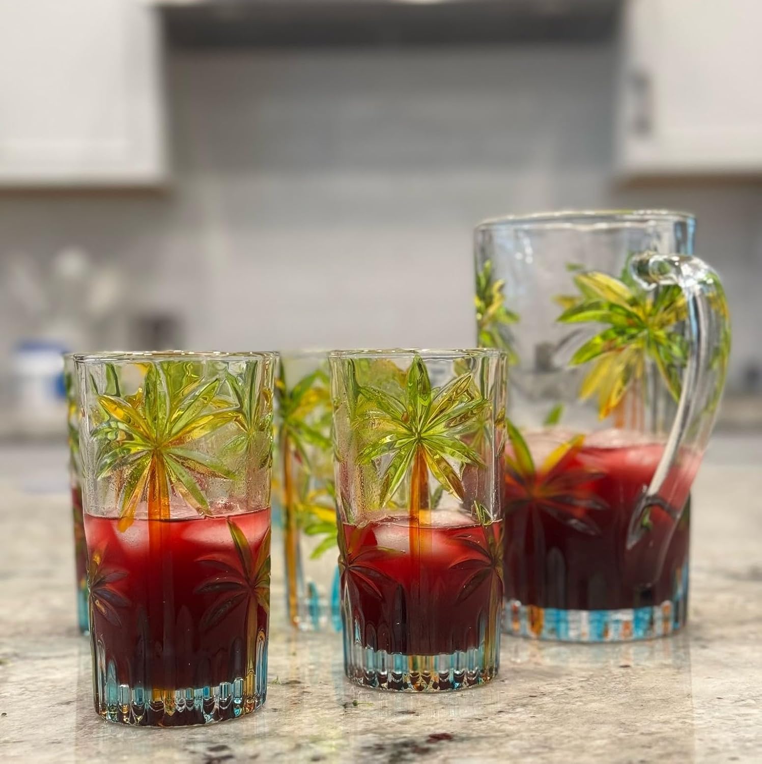 Tropical Summer Drinking Glasses 4 Tall Coconut Tree Design Pool Party Caribbean Beach Theme Colorful Tiki Bar Margarita Mix Drink Mojito Martini Pool Party Cup Palm Trees Engraved Whiskey Sour Glass