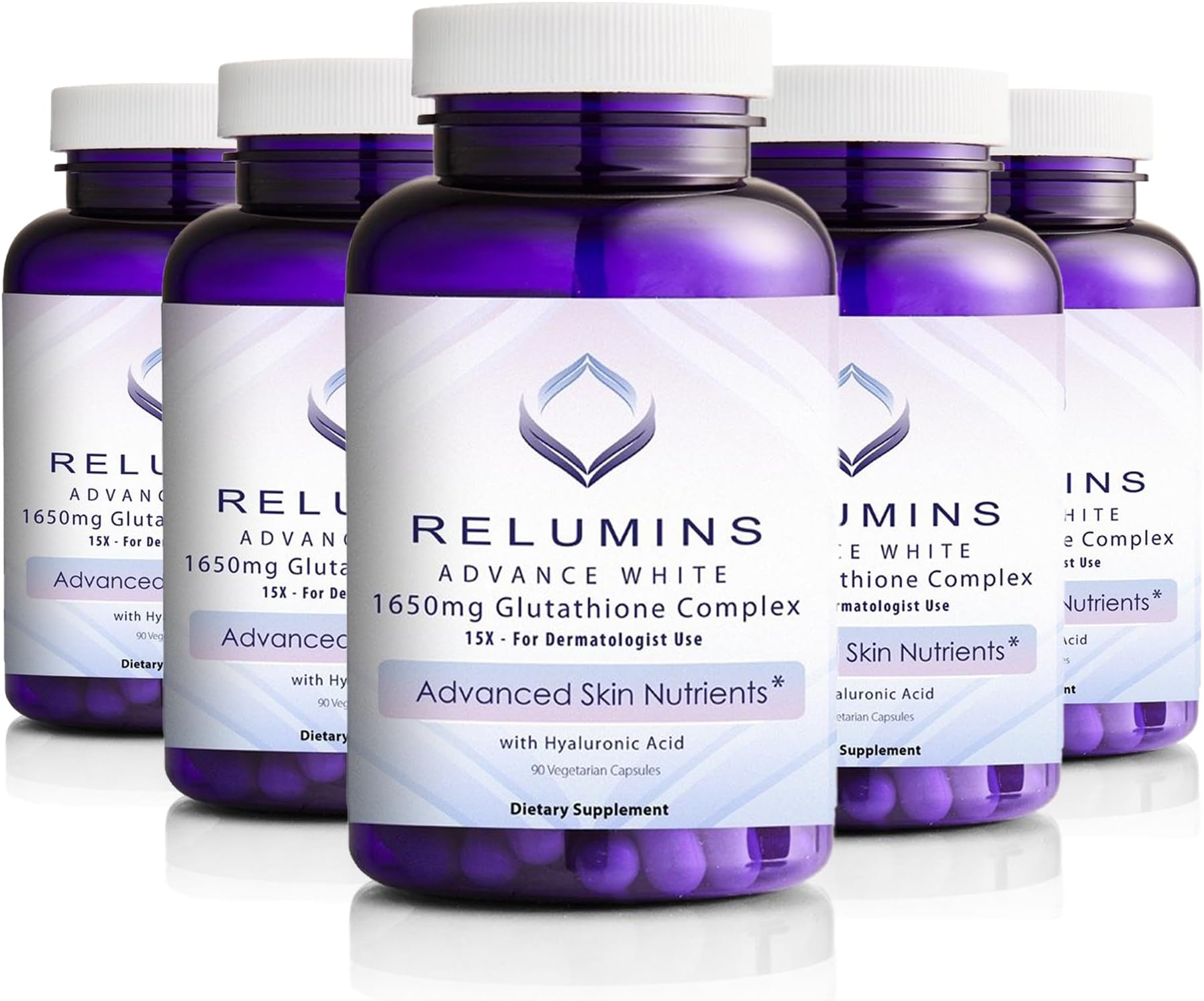 Relumins L-Glutathione Complex 1650mg - Spring Glow Essentials Antioxidant Support with Alpha Lipoic Acid, NAC, L-Methionine & Vitamin E for Skin, Made in USA - 90 Vegetarian Capsules x 5 Bottles